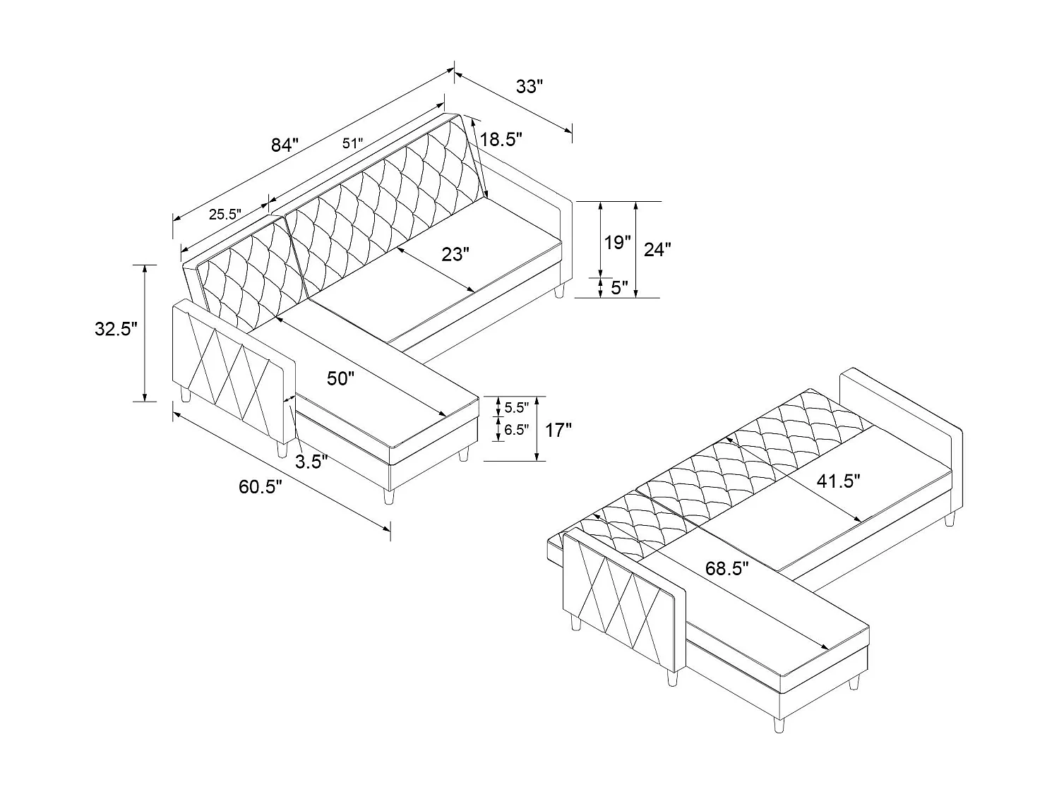 Liberty | Canapé-lit 3 places avec chaise longue en tissu vert