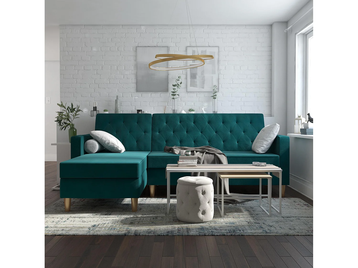 Schlafsofa 3 Sitze mit Chaise Lounge in Chenille Grün