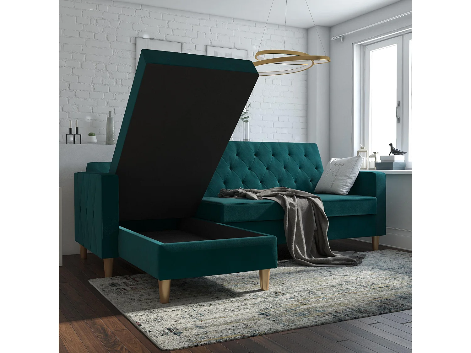 Schlafsofa 3 Sitze mit Chaise Lounge in Chenille Grün