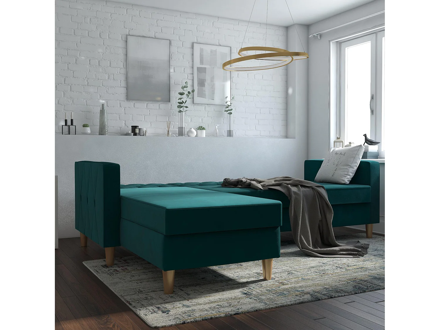 Schlafsofa 3 Sitze mit Chaise Lounge in Chenille Grün