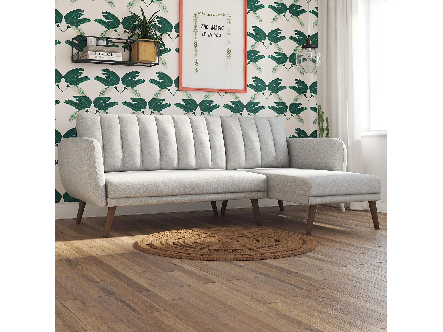 Canapé convertible 3 places avec chaise longue en lin gris clair