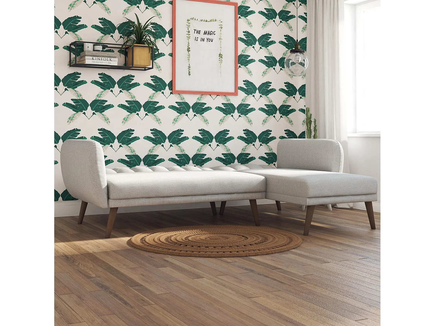 Canapé convertible 3 places avec chaise longue en lin gris clair