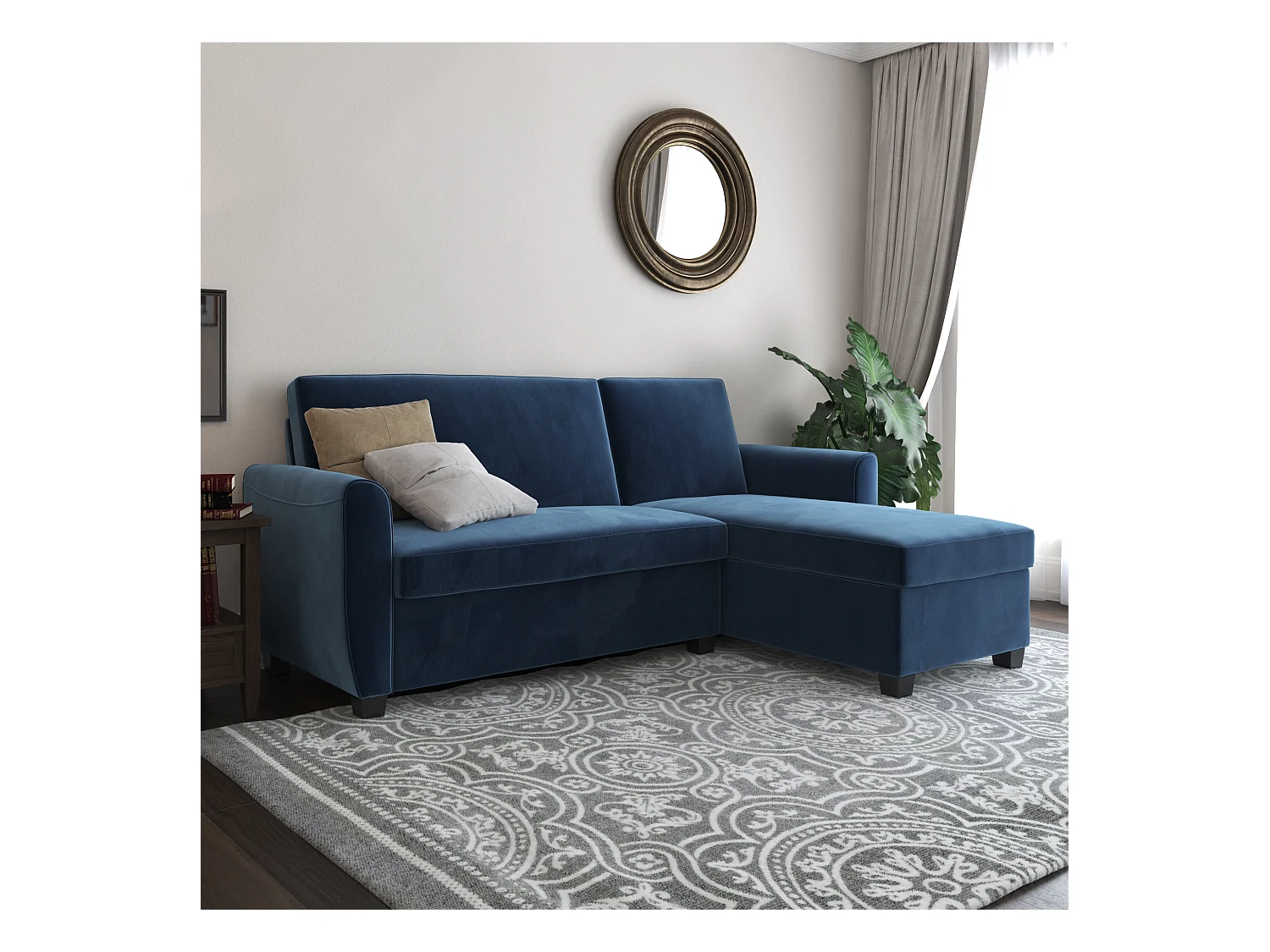 Divano letto 3 posti con chaise lounge in velluto blu scuro