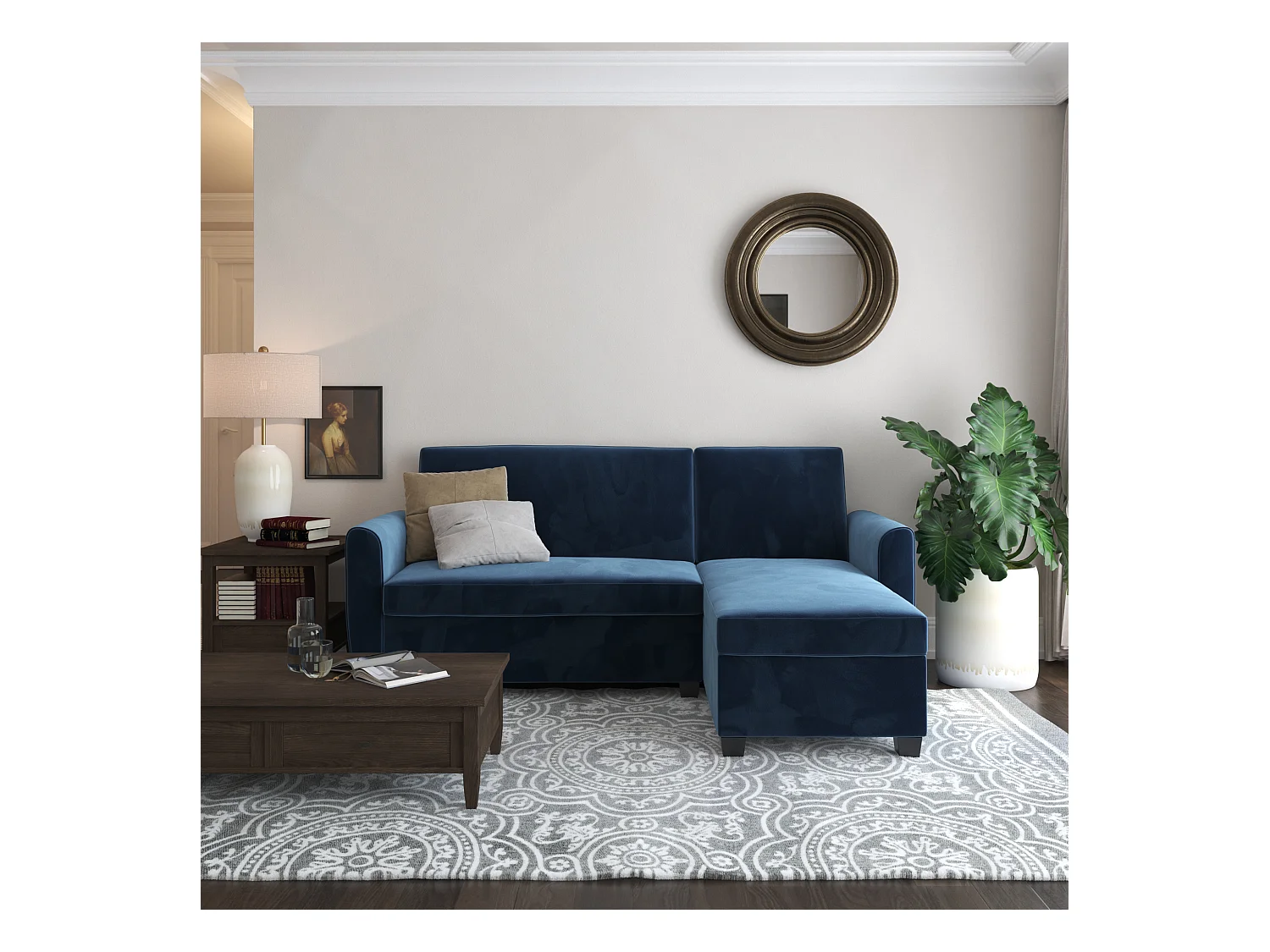 Divano letto 3 posti con chaise lounge in velluto blu scuro