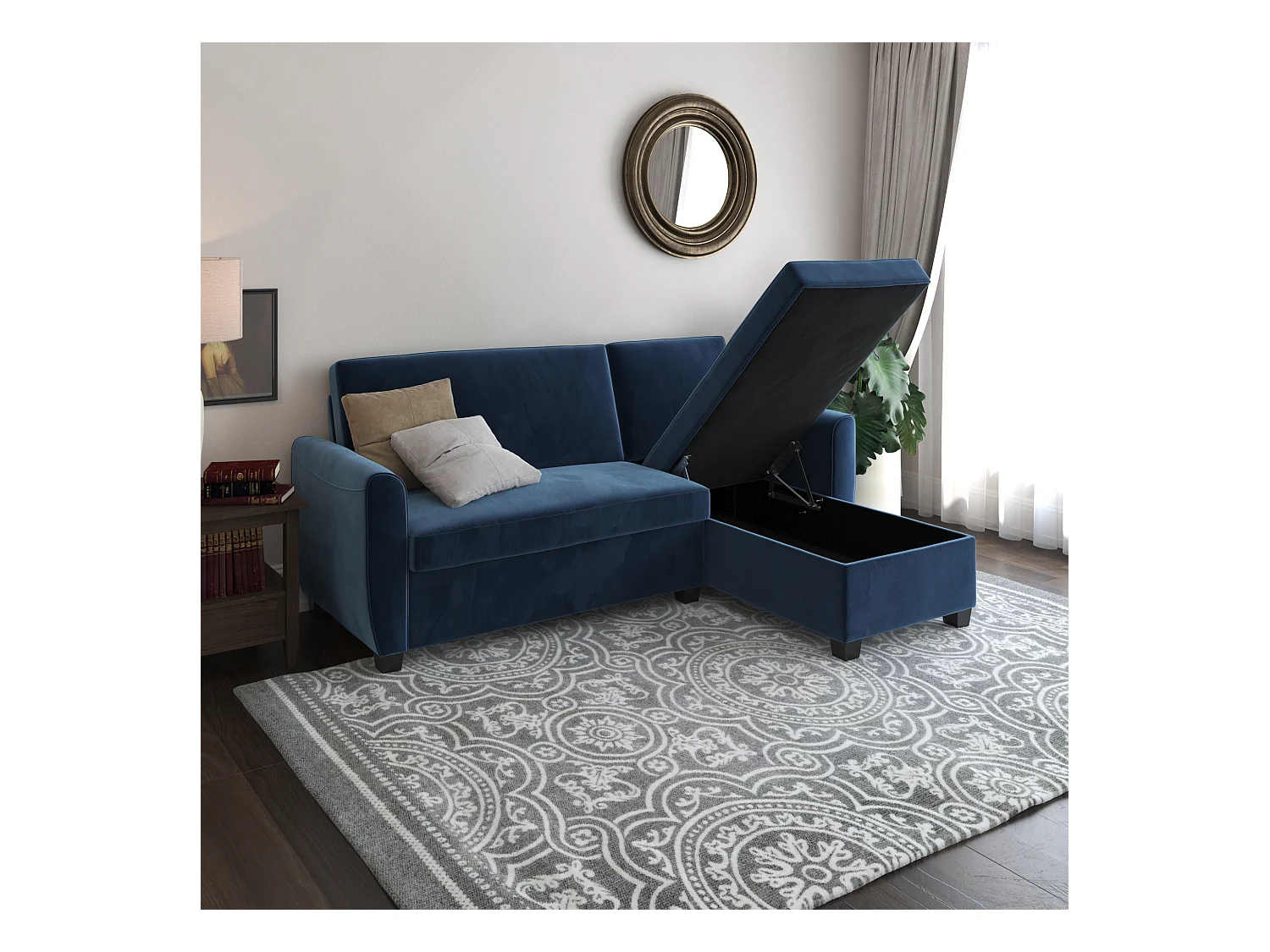 Divano letto 3 posti con chaise lounge in velluto blu scuro