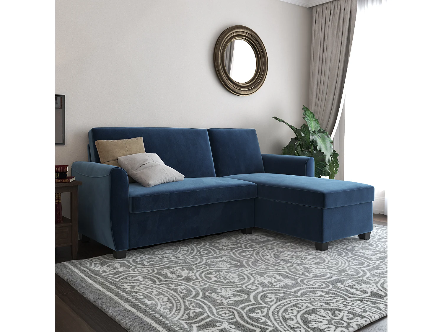 Noah | Canapé-lit 3 places avec chaise longue en velours bleu foncé