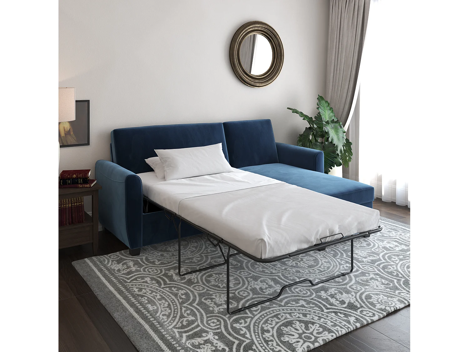 Noah | Canapé-lit 3 places avec chaise longue en velours bleu foncé