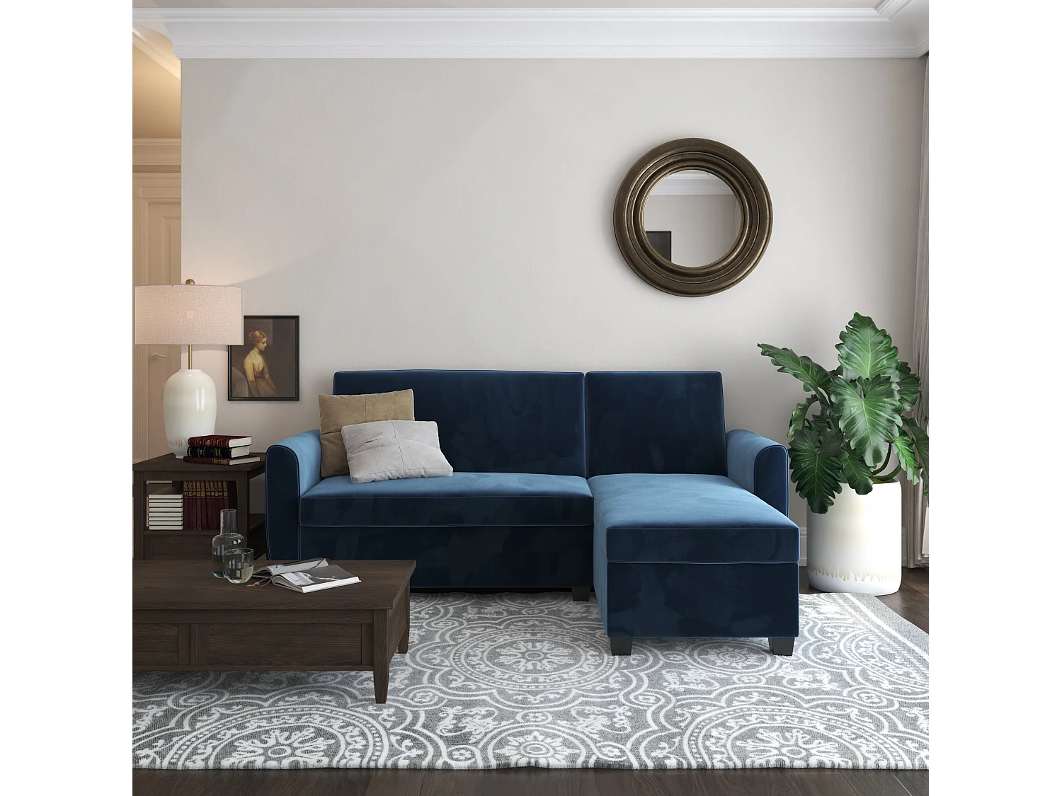 Noah | Canapé-lit 3 places avec chaise longue en velours bleu foncé