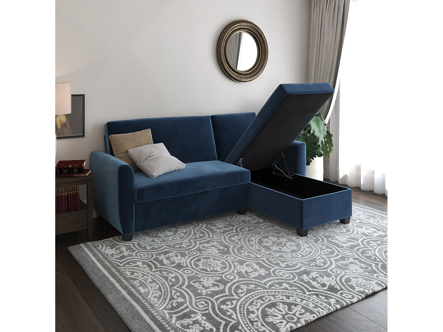 Noah | Canapé-lit 3 places avec chaise longue en velours bleu foncé