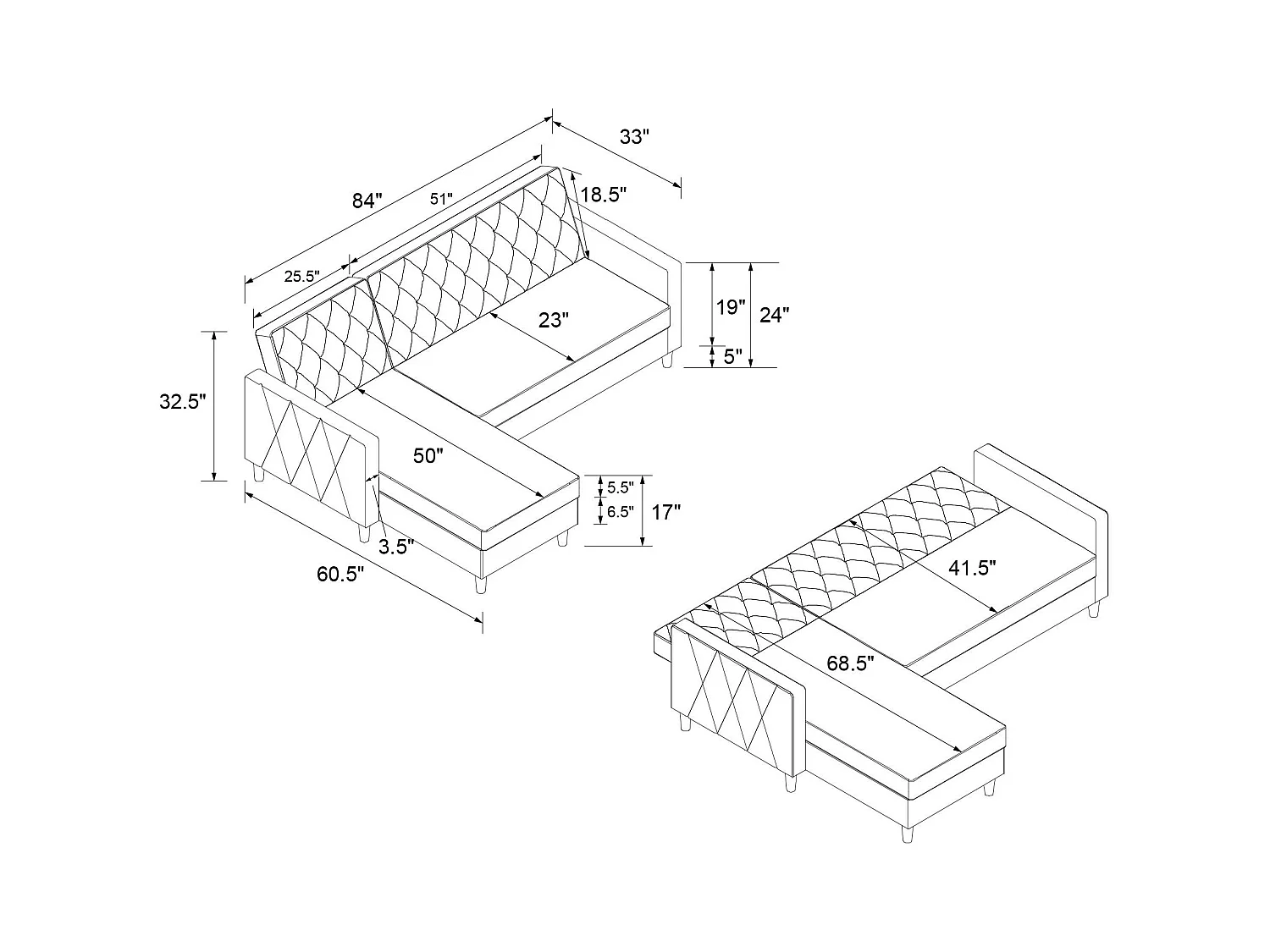 Slaapbank 3 zits met chaise lounge in chenille ivoor