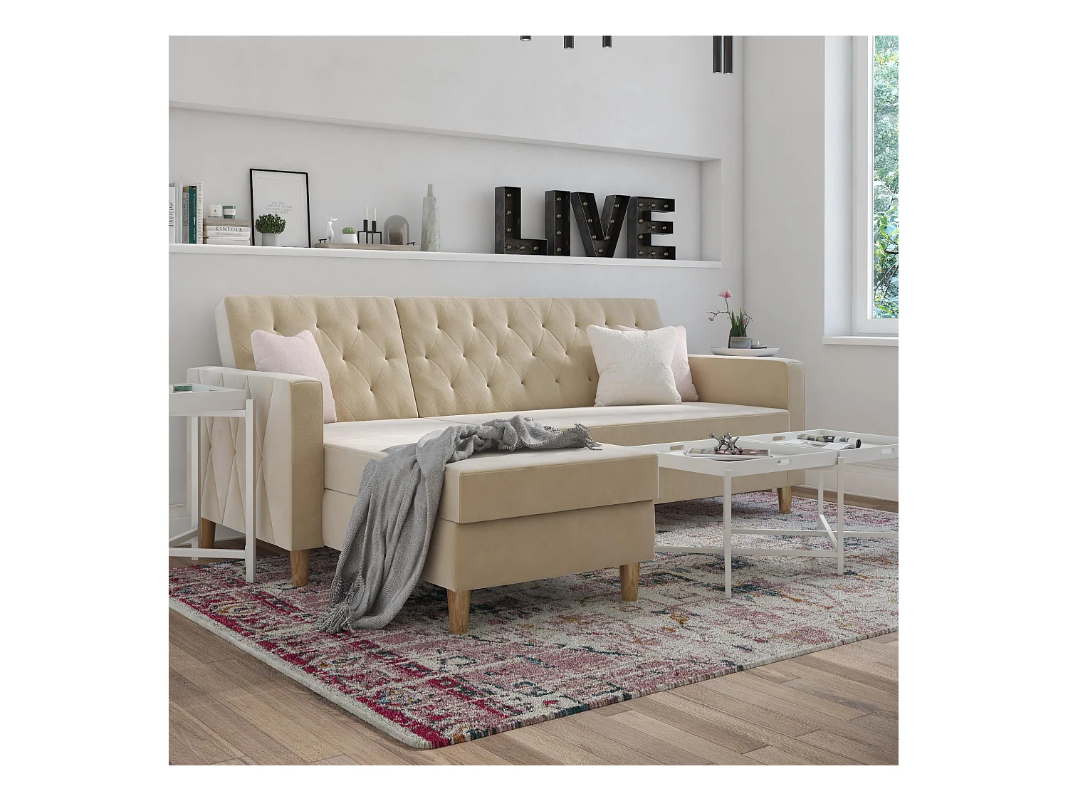 Slaapbank 3 zits met chaise lounge in chenille ivoor