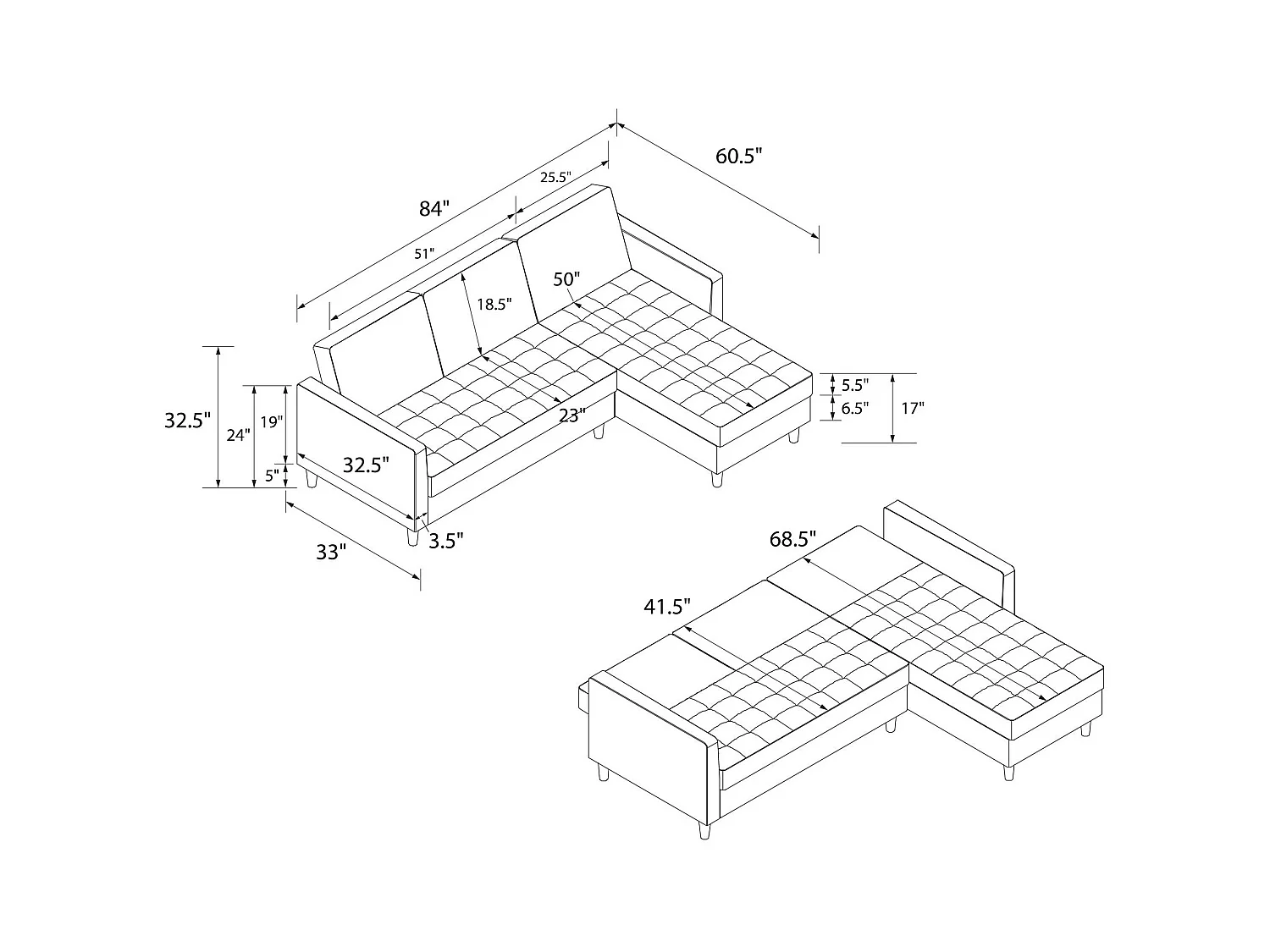 Presley | Canapé convertible 3 places avec chaise longue en tissu Dark Ivory