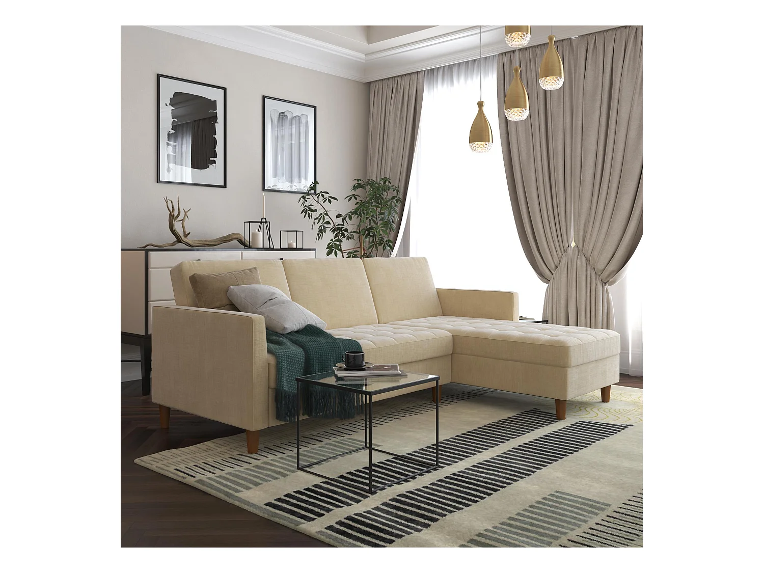 Presley | Canapé convertible 3 places avec chaise longue en tissu Dark Ivory