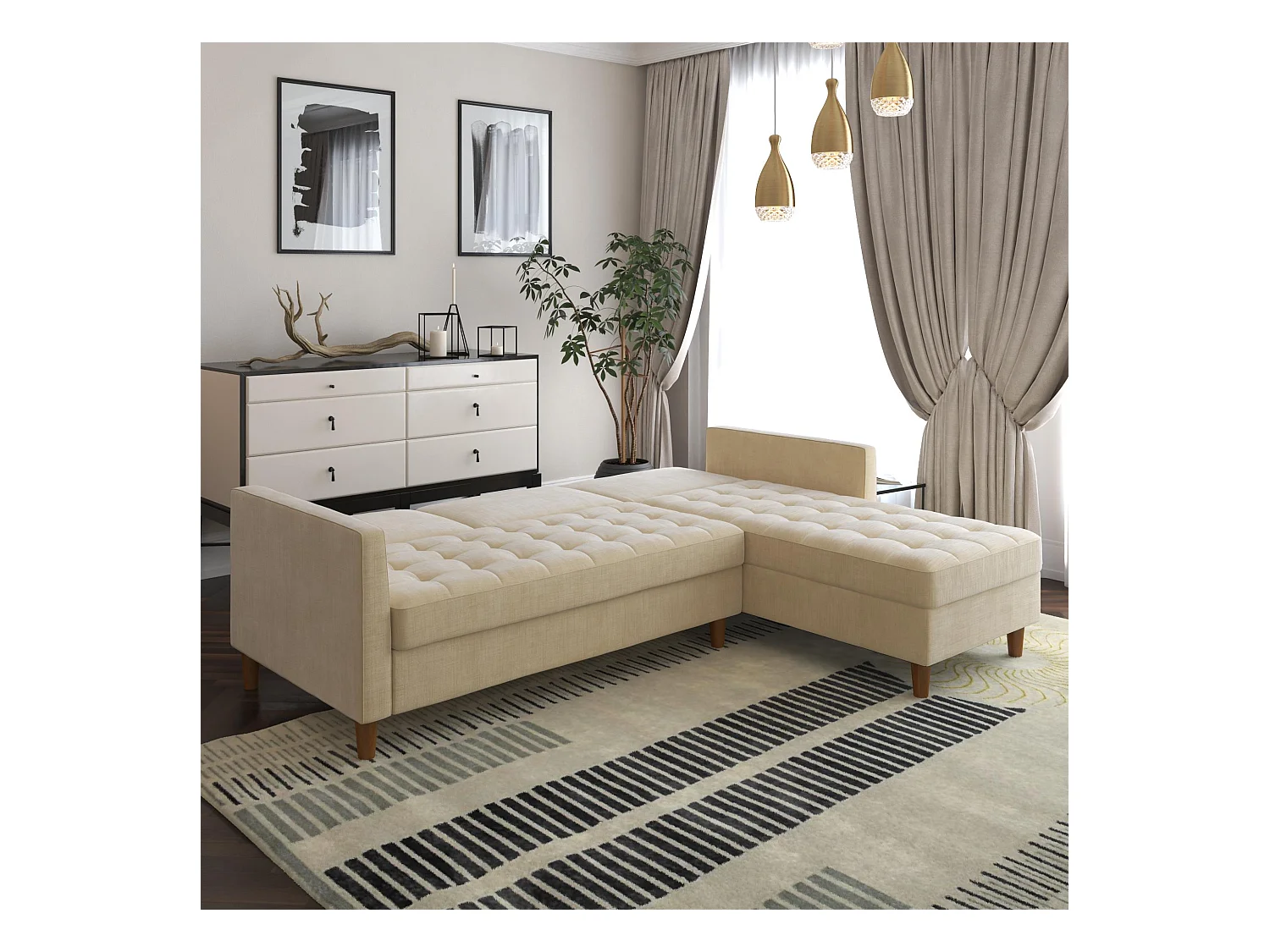 Presley | Canapé convertible 3 places avec chaise longue en tissu Dark Ivory