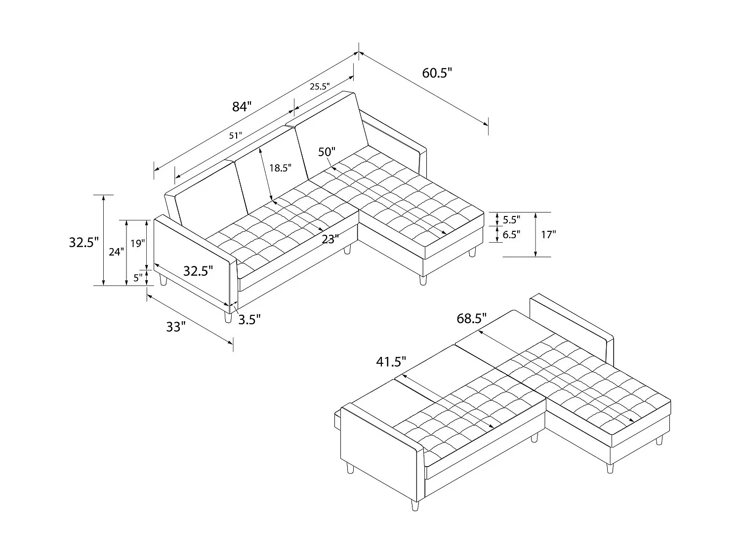 Schlafsofa 3 Sitze mit Chaiselongue in Chemille Dark Ivory