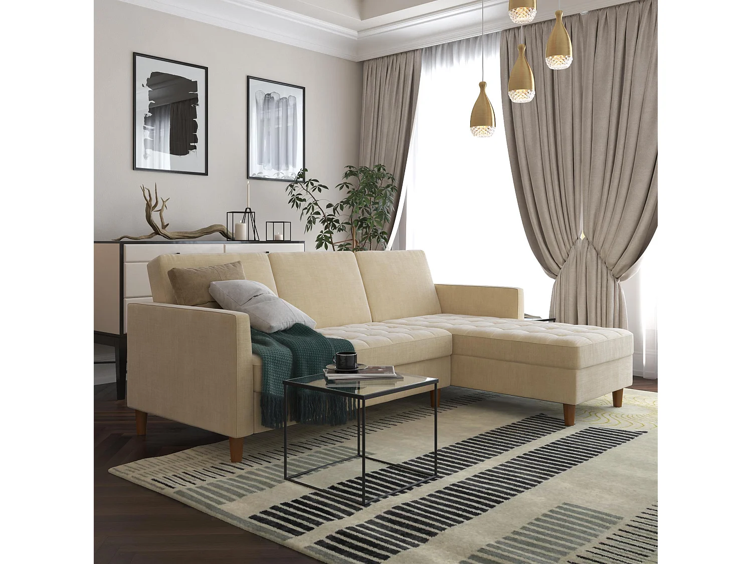 Schlafsofa 3 Sitze mit Chaiselongue in Chemille Dark Ivory