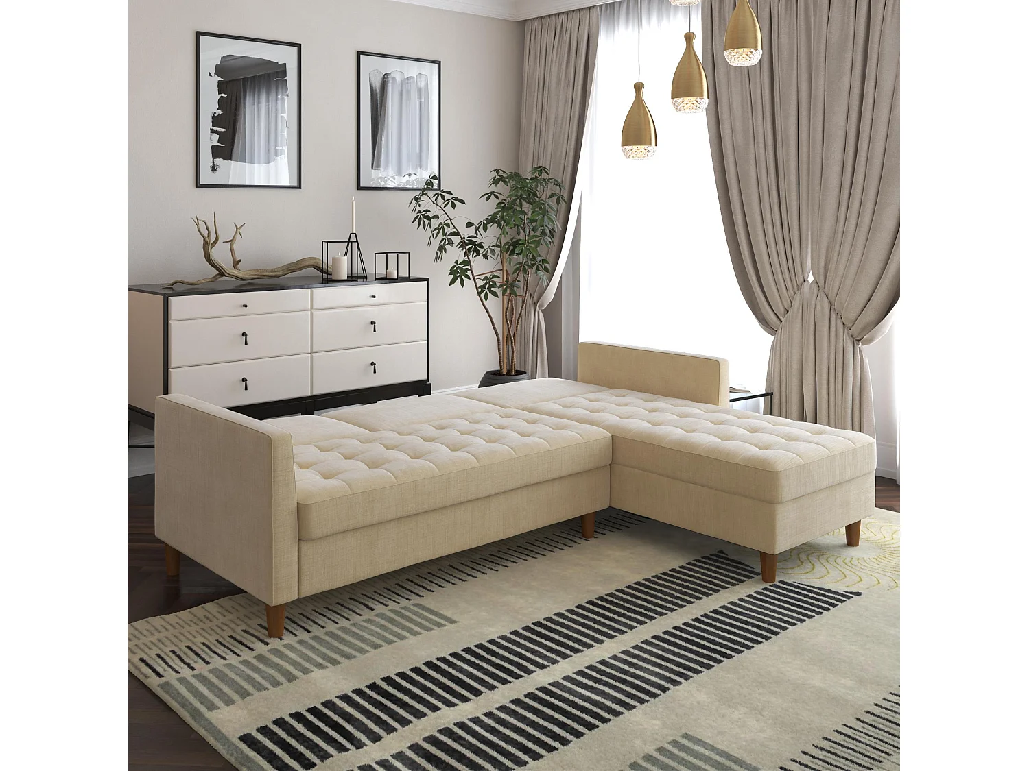 Schlafsofa 3 Sitze mit Chaiselongue in Chemille Dark Ivory