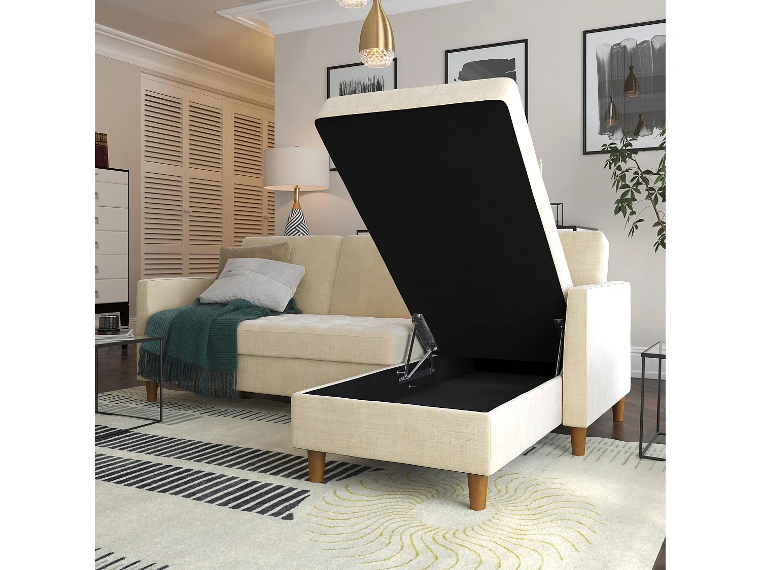 Schlafsofa 3 Sitze mit Chaiselongue in Chemille Dark Ivory