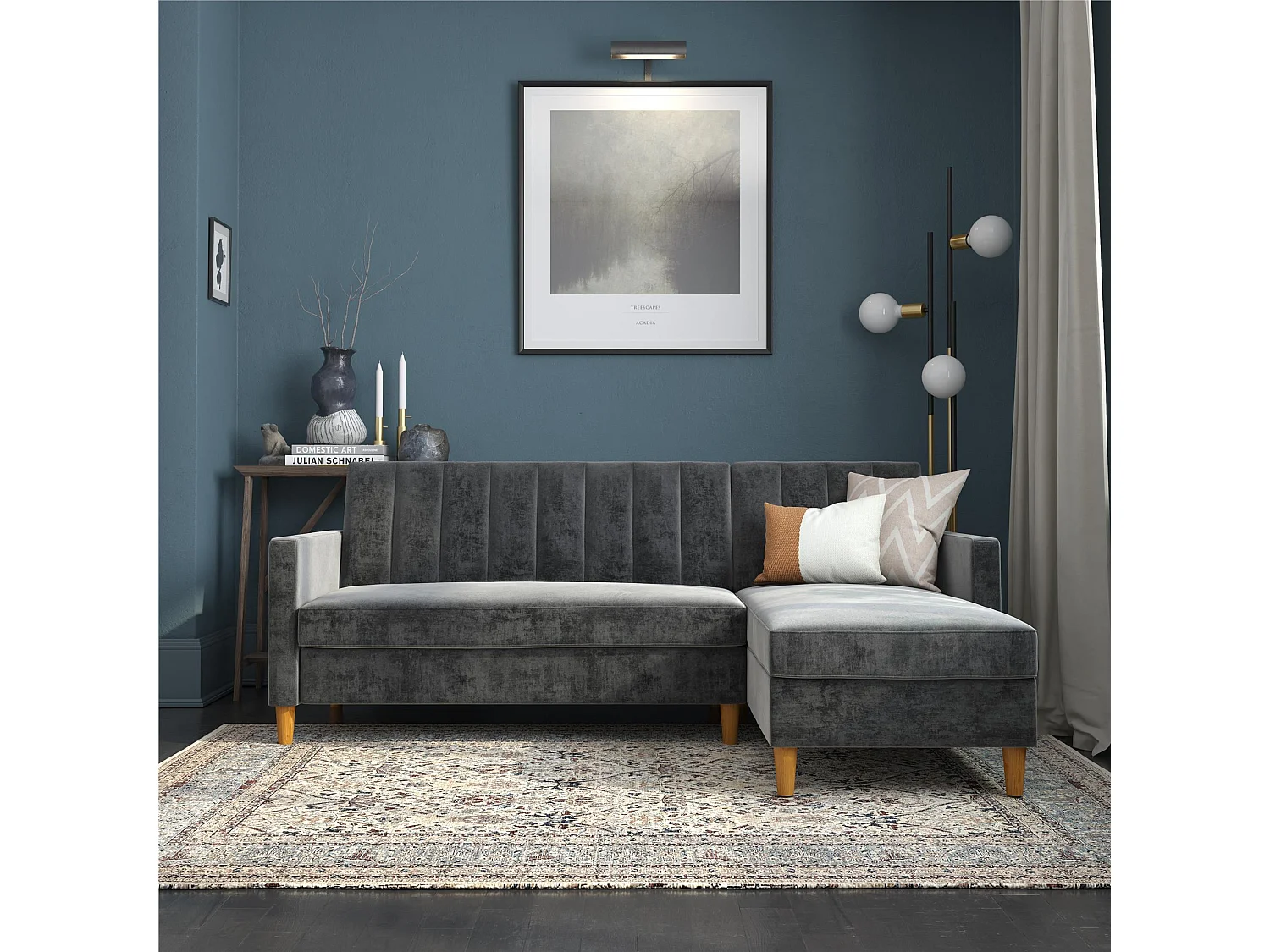 Celine | Canapé lit 3 places avec chaise longue en velours gris foncé