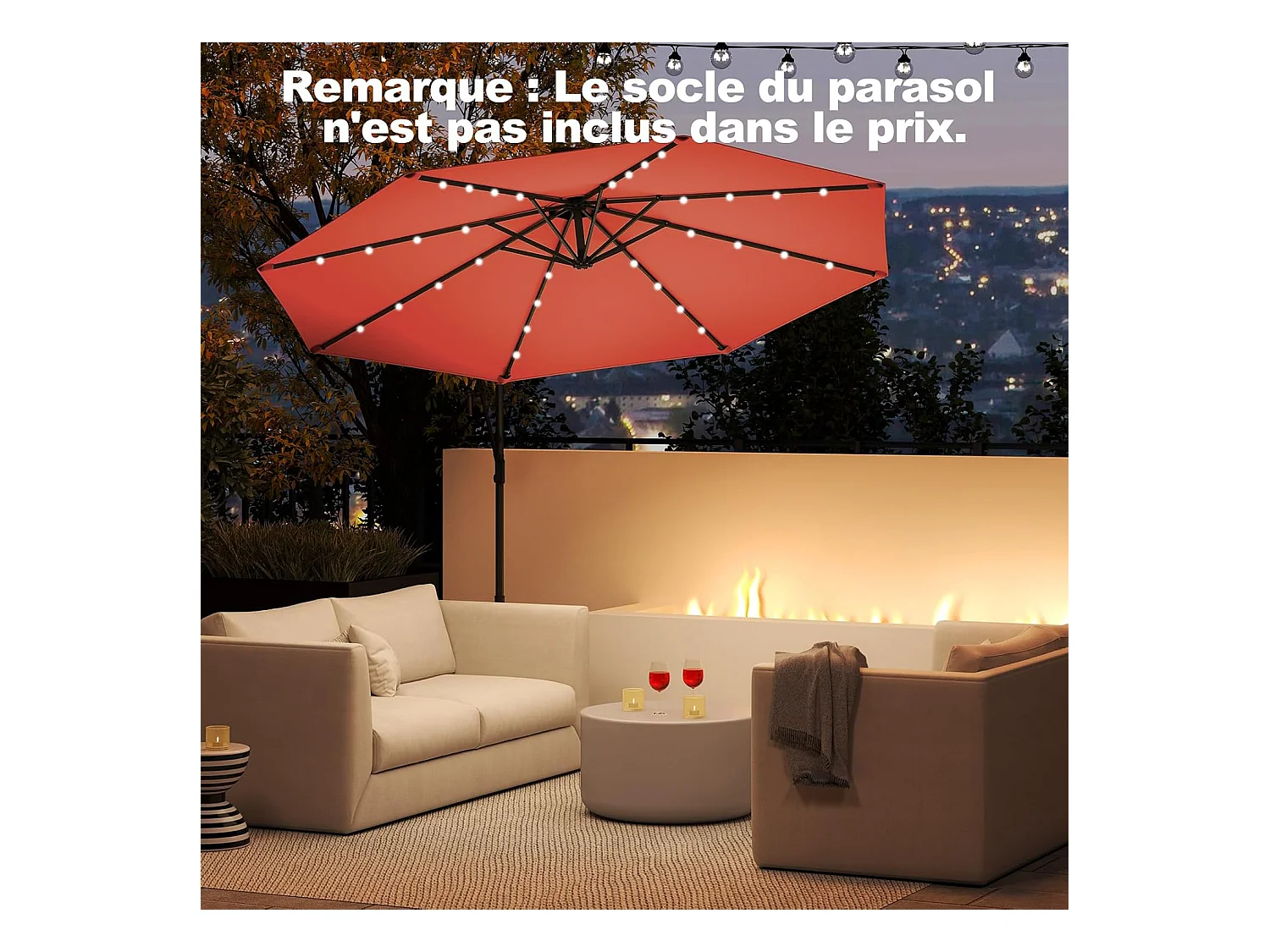 Parasol Déporté Excentré 3M, 32 LED Solaire, Inclinable et Rotation à 360°, 8 Baleines, Base Croisée, Parasol à Manivelle (Orange)