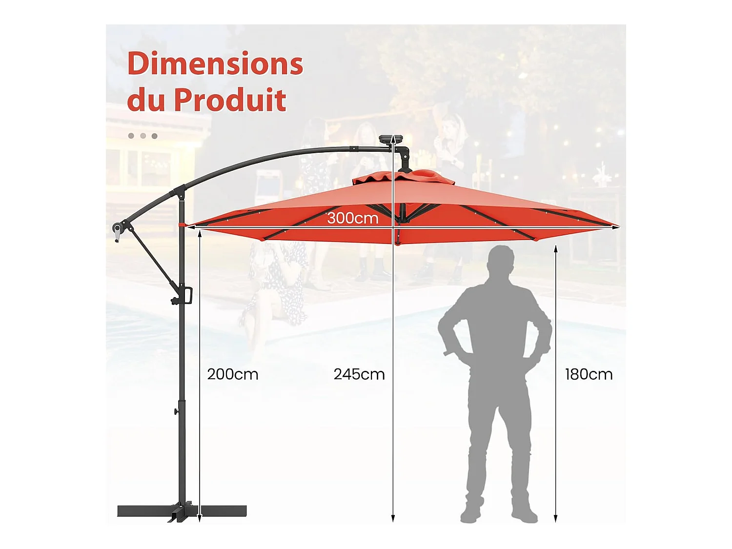 Parasol Déporté Excentré 3M, 32 LED Solaire, Inclinable et Rotation à 360°, 8 Baleines, Base Croisée, Parasol à Manivelle (Orange)