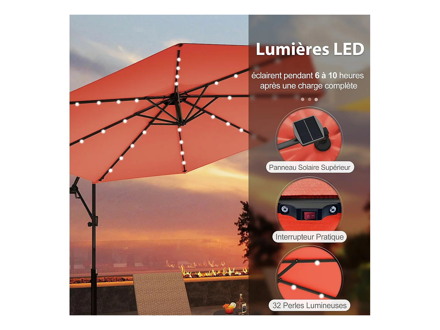 Parasol Déporté Excentré 3M, 32 LED Solaire, Inclinable et Rotation à 360°, 8 Baleines, Base Croisée, Parasol à Manivelle (Orange)