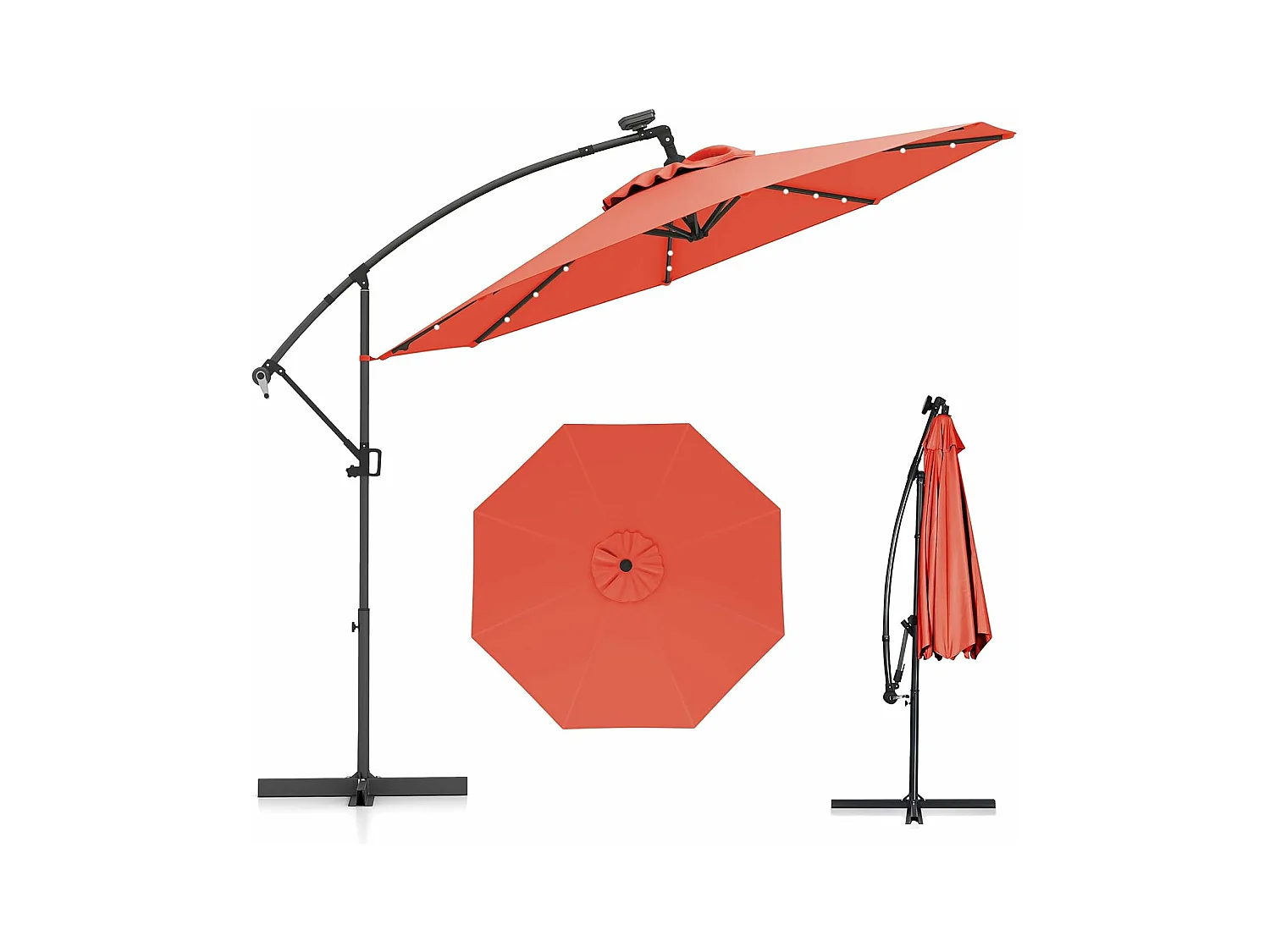 Parasol Déporté Excentré 3M, 32 LED Solaire, Inclinable et Rotation à 360°, 8 Baleines, Base Croisée, Parasol à Manivelle (Orange)