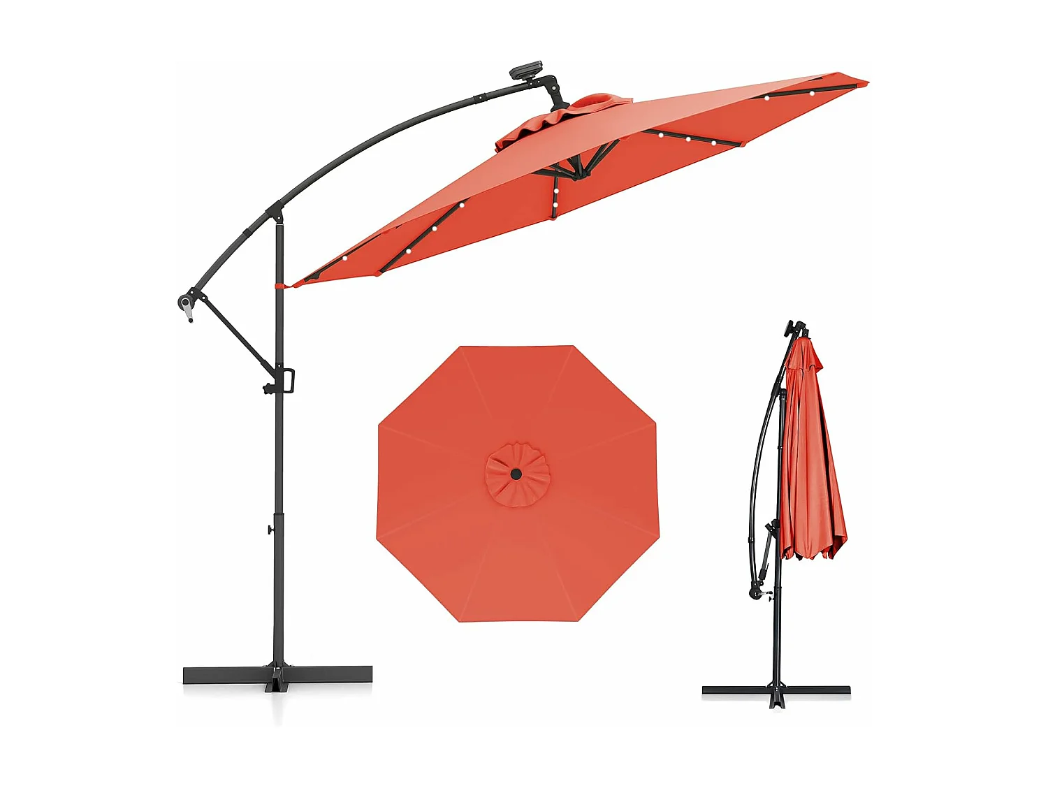 Parasol Déporté Excentré 3M, 32 LED Solaire, Inclinable et Rotation à 360°, 8 Baleines, Base Croisée, Parasol à Manivelle (Orange)