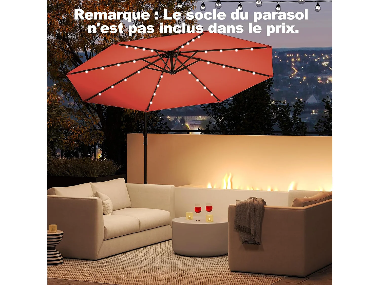 Parasol Déporté Excentré 3M, 32 LED Solaire, Inclinable et Rotation à 360°, 8 Baleines, Base Croisée, Parasol à Manivelle (Orange)