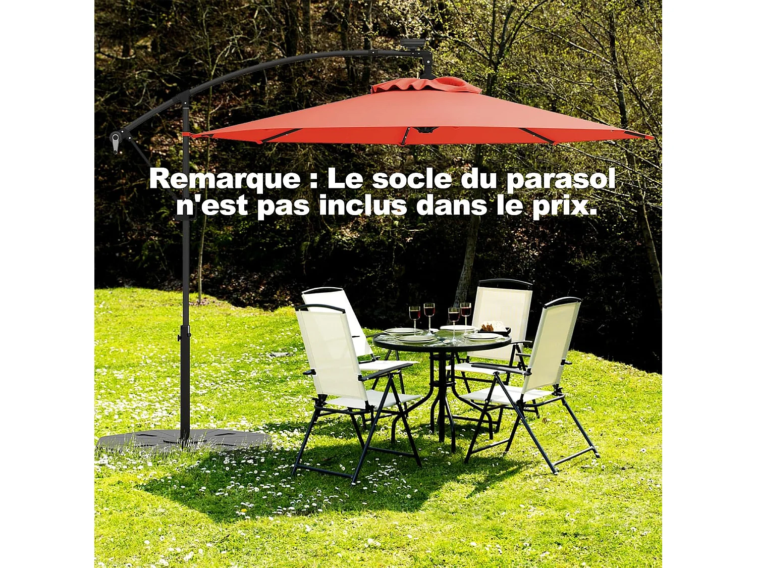 Parasol Déporté Excentré 3M, 32 LED Solaire, Inclinable et Rotation à 360°, 8 Baleines, Base Croisée, Parasol à Manivelle (Orange)