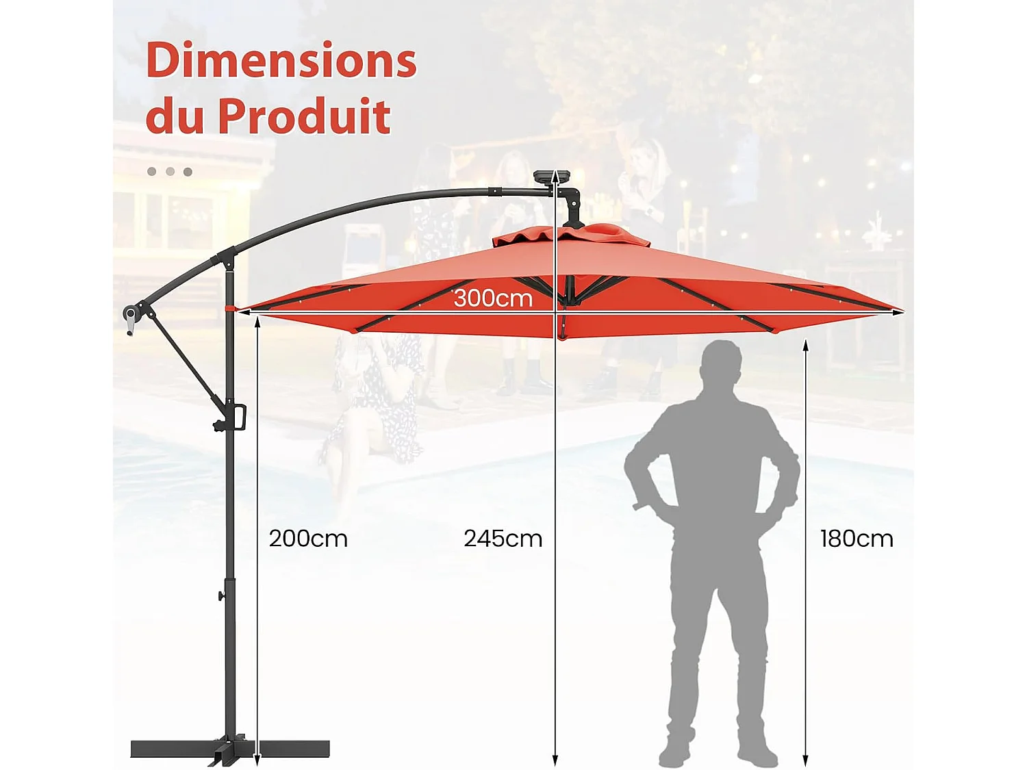 Parasol Déporté Excentré 3M, 32 LED Solaire, Inclinable et Rotation à 360°, 8 Baleines, Base Croisée, Parasol à Manivelle (Orange)