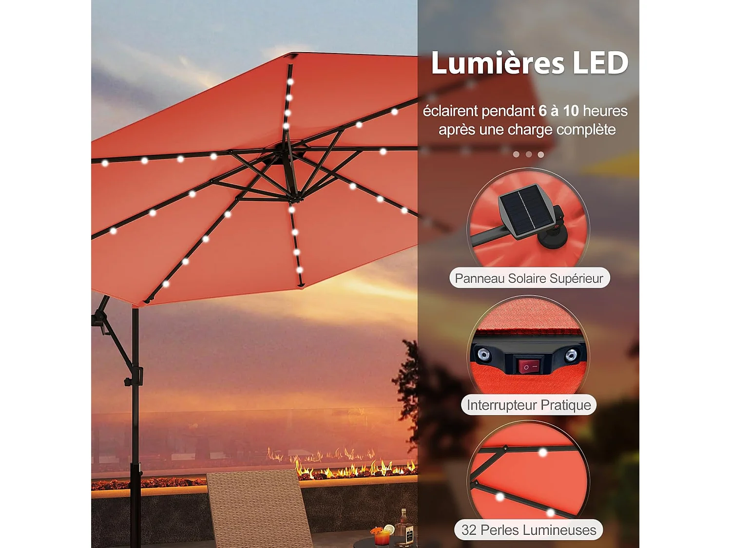 Parasol Déporté Excentré 3M, 32 LED Solaire, Inclinable et Rotation à 360°, 8 Baleines, Base Croisée, Parasol à Manivelle (Orange)