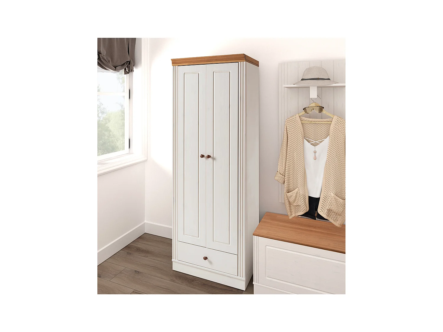 Anita | Armoire avec 2 portes et 1 tiroir en pin blanc
