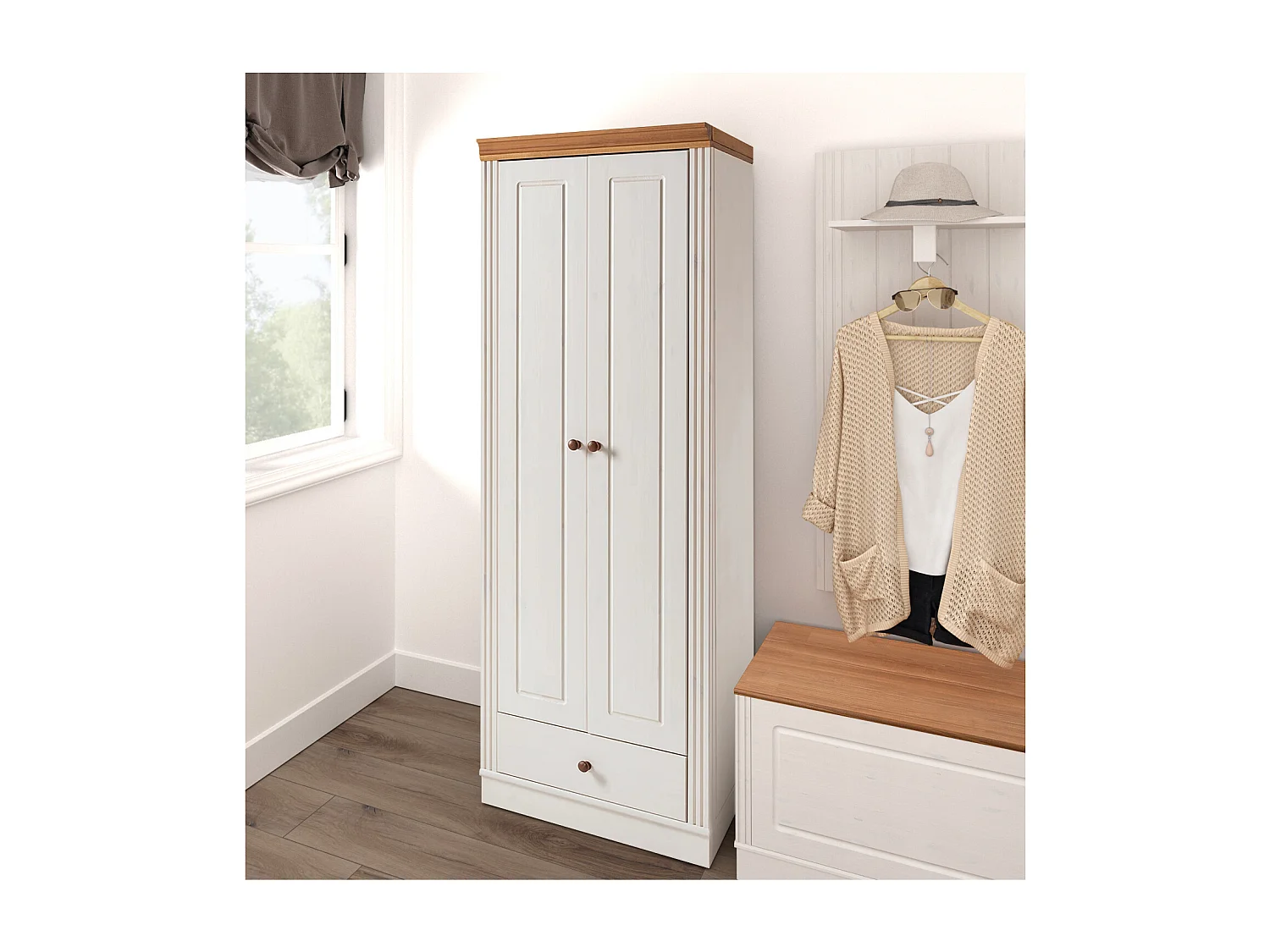 Anita | Armoire avec 2 portes et 1 tiroir en pin blanc