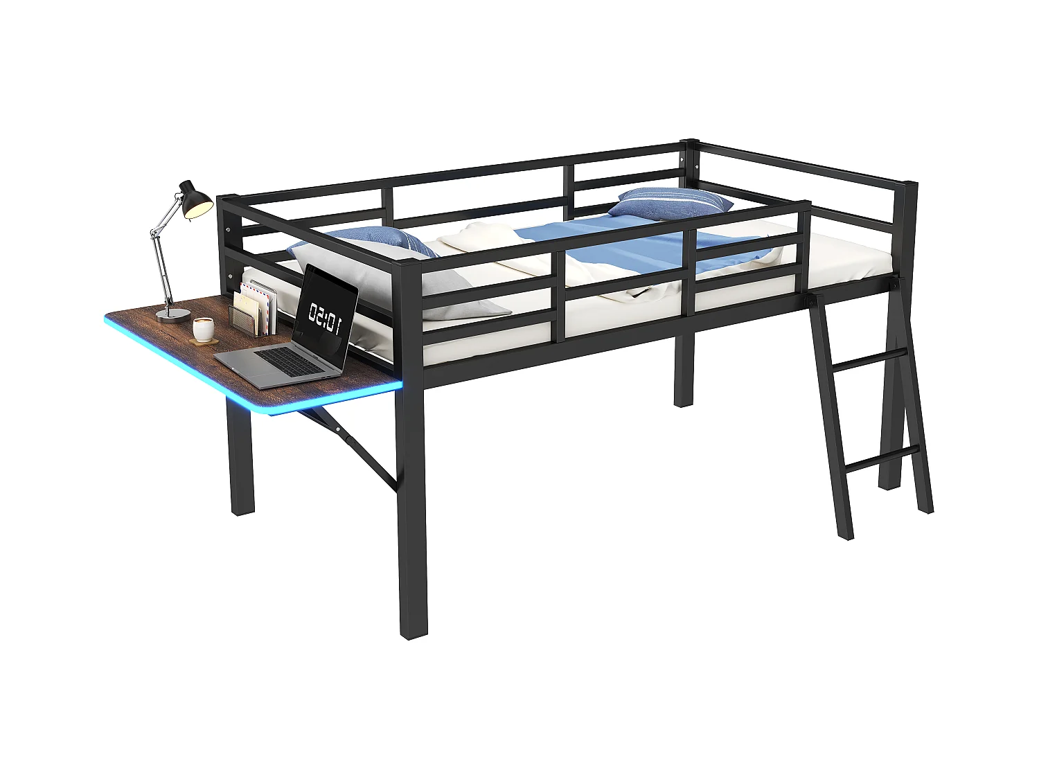Lit combiné 90x200 cm avec Échelle, Bureau et Bande LED Télécommandée, Structure en Métal Noir(sans matelas)