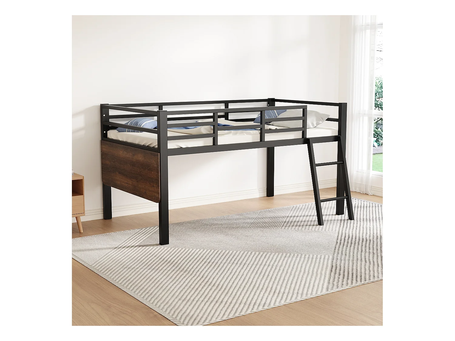 Lit combiné 90x200 cm avec Échelle, Bureau et Bande LED Télécommandée, Structure en Métal Noir(sans matelas)