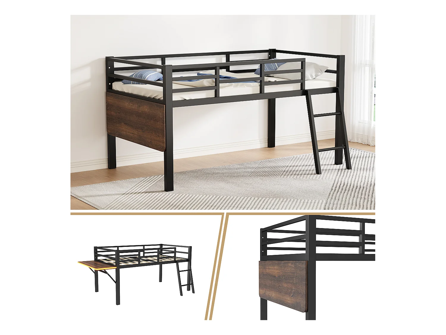 Lit combiné 90x200 cm avec Échelle, Bureau et Bande LED Télécommandée, Structure en Métal Noir(sans matelas)