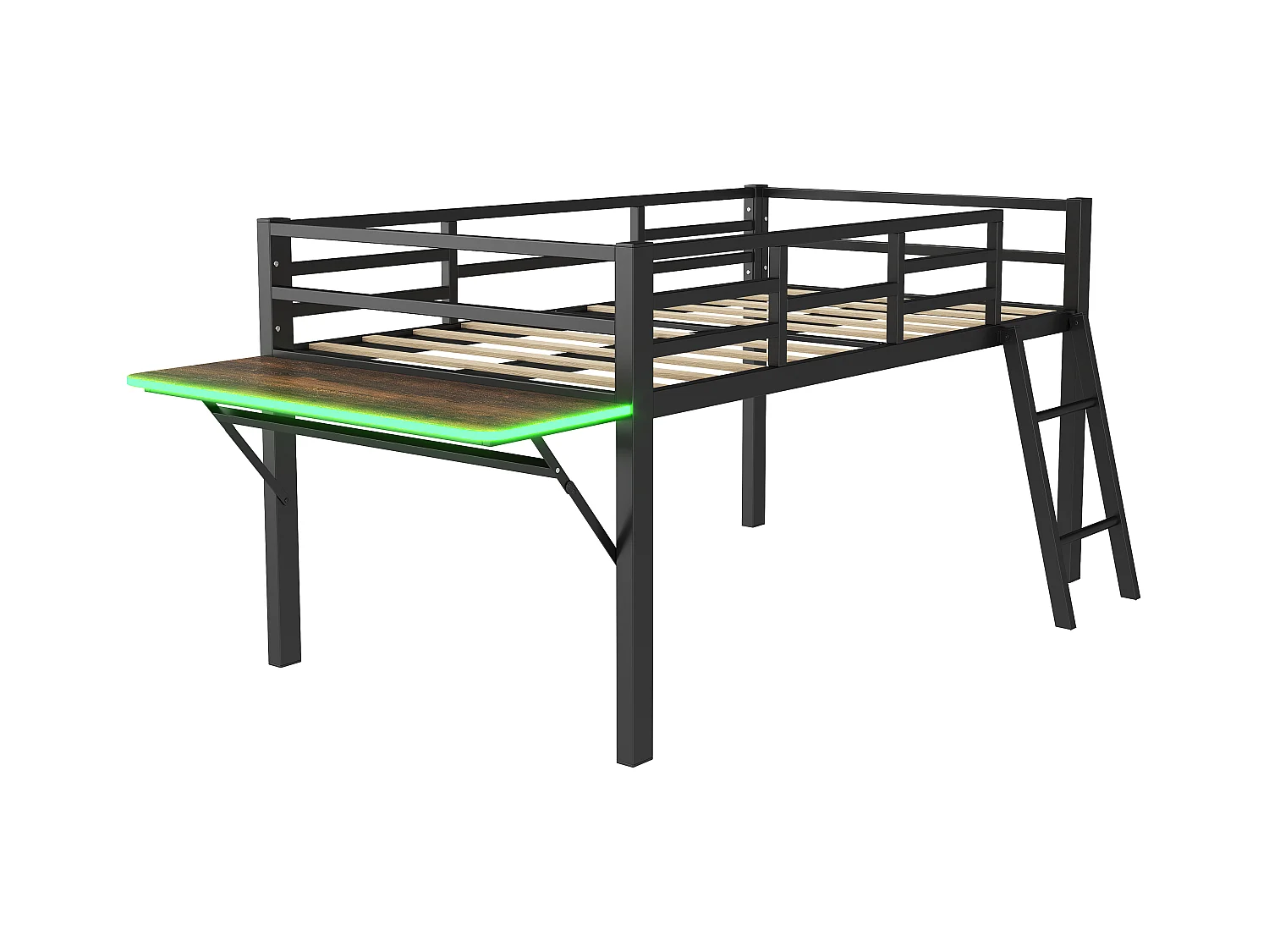 Lit combiné 90x200 cm avec Échelle, Bureau et Bande LED Télécommandée, Structure en Métal Noir(sans matelas)