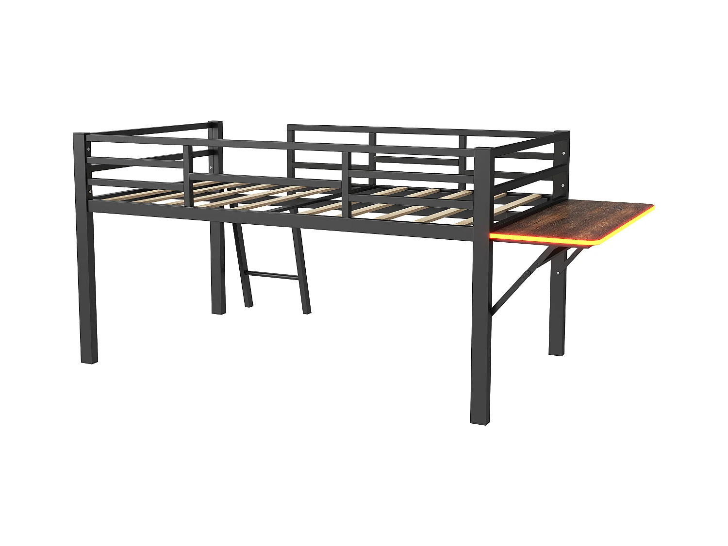 Lit combiné 90x200 cm avec Échelle, Bureau et Bande LED Télécommandée, Structure en Métal Noir(sans matelas)