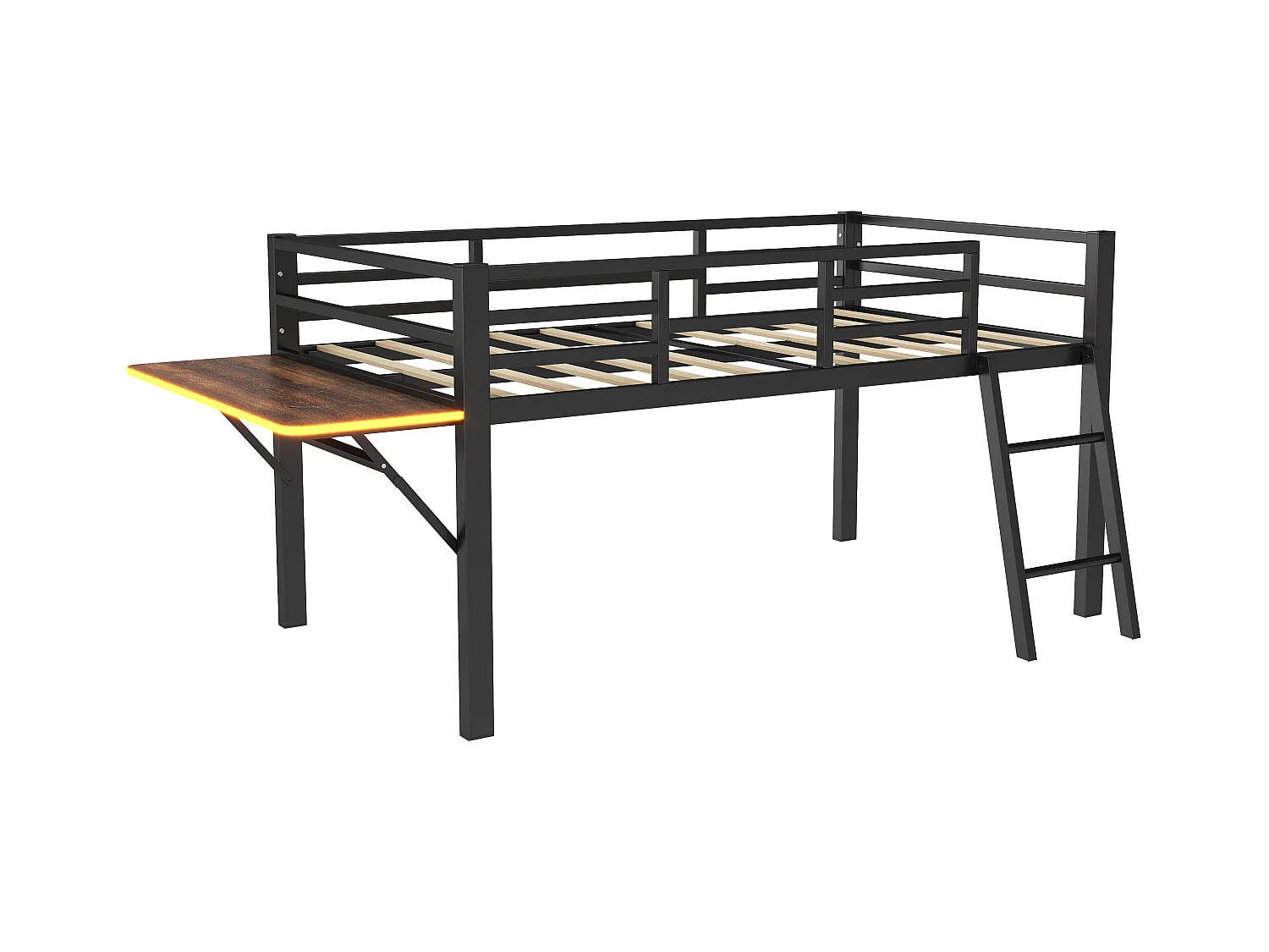 Lit combiné 90x200 cm avec Échelle, Bureau et Bande LED Télécommandée, Structure en Métal Noir(sans matelas)