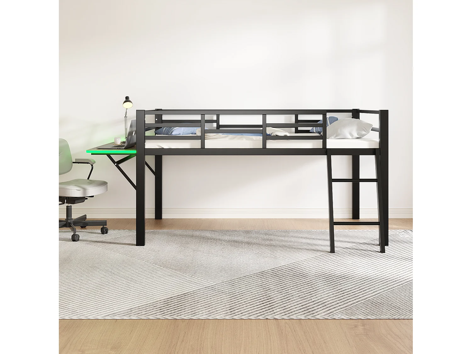Lit combiné 90x200 cm avec Échelle, Bureau et Bande LED Télécommandée, Structure en Métal Noir(sans matelas)