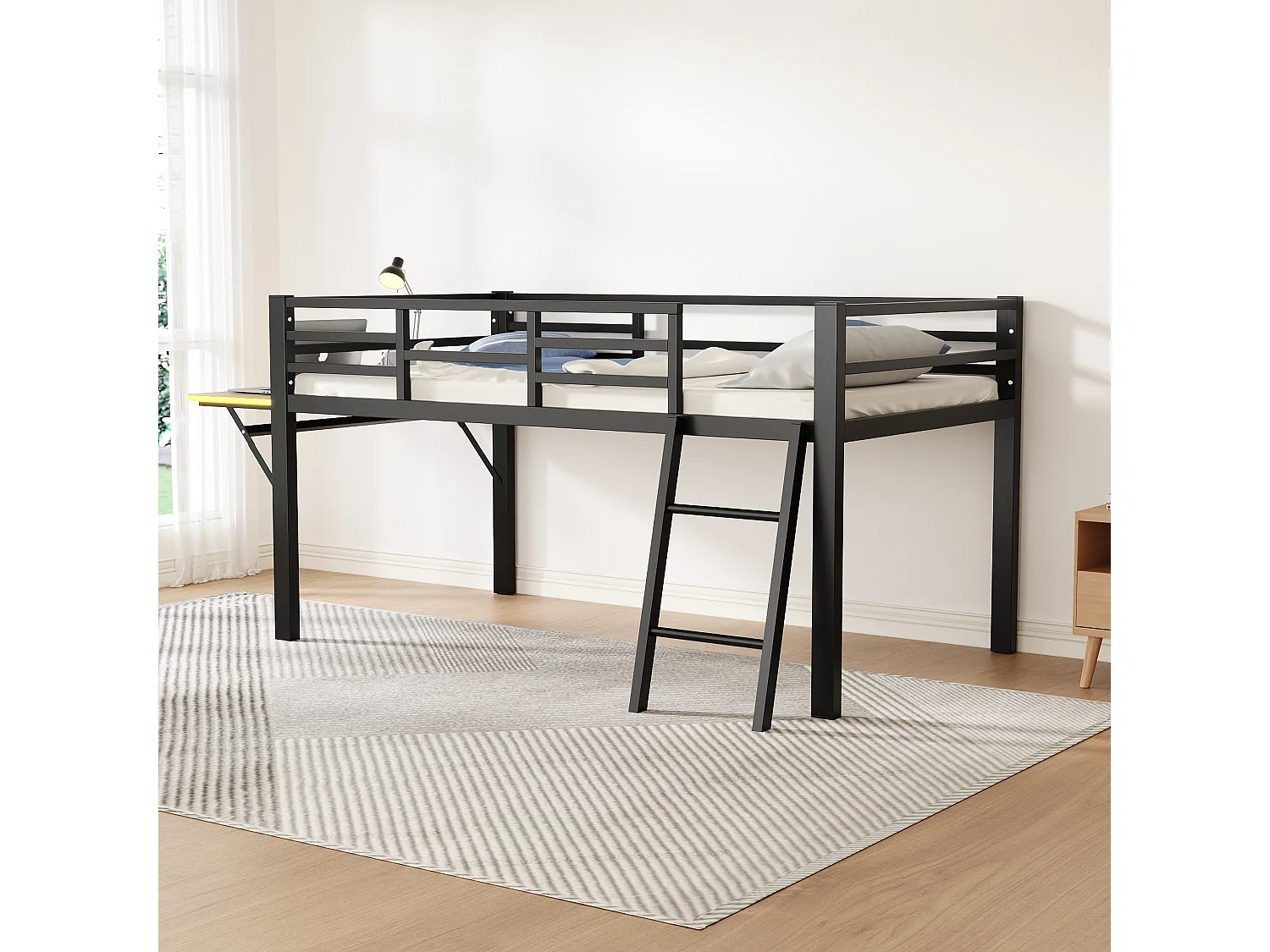 Lit combiné 90x200 cm avec Échelle, Bureau et Bande LED Télécommandée, Structure en Métal Noir(sans matelas)