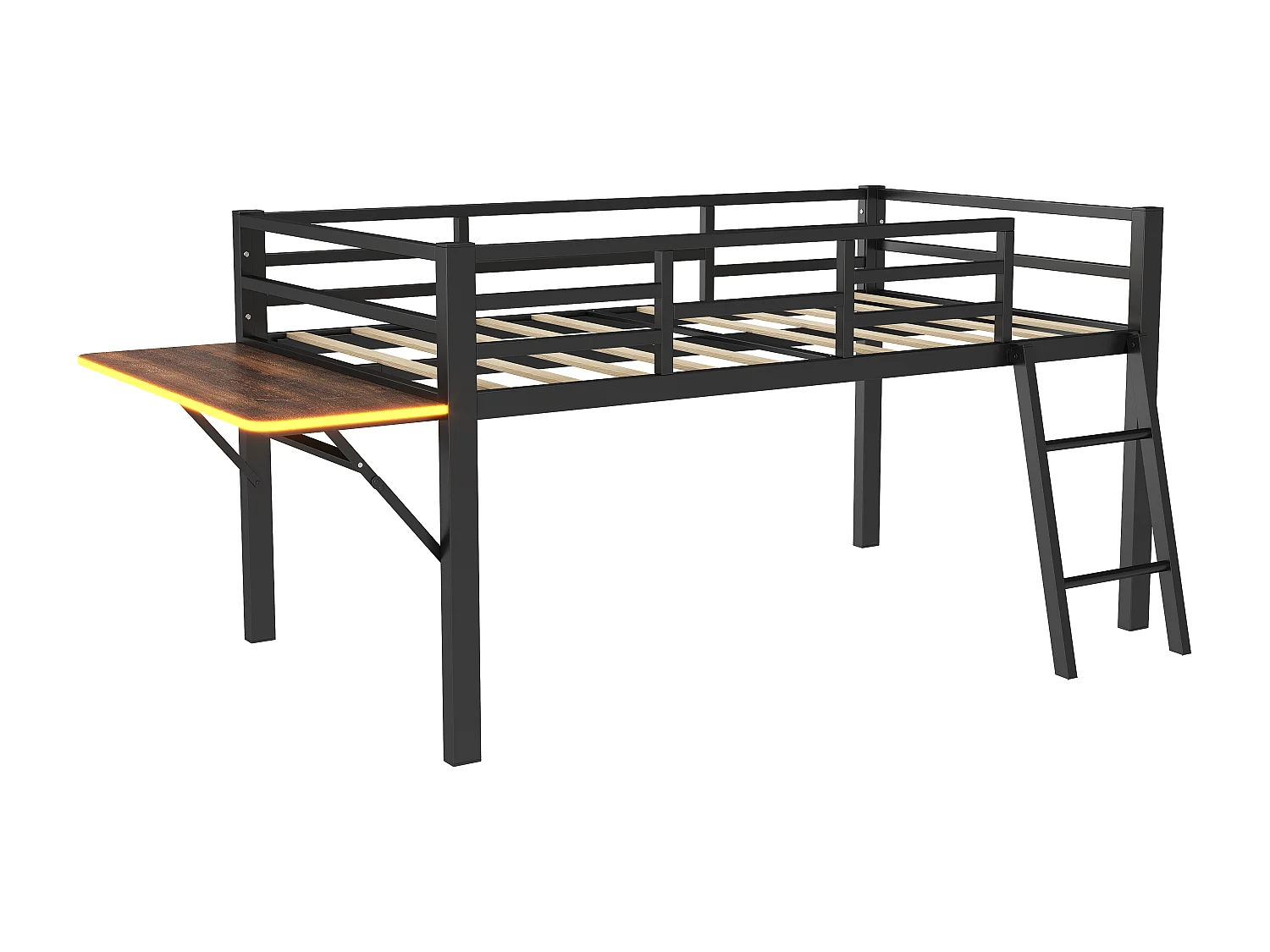 Lit combiné 90x200 cm avec Échelle, Bureau et Bande LED Télécommandée, Structure en Métal Noir(sans matelas)