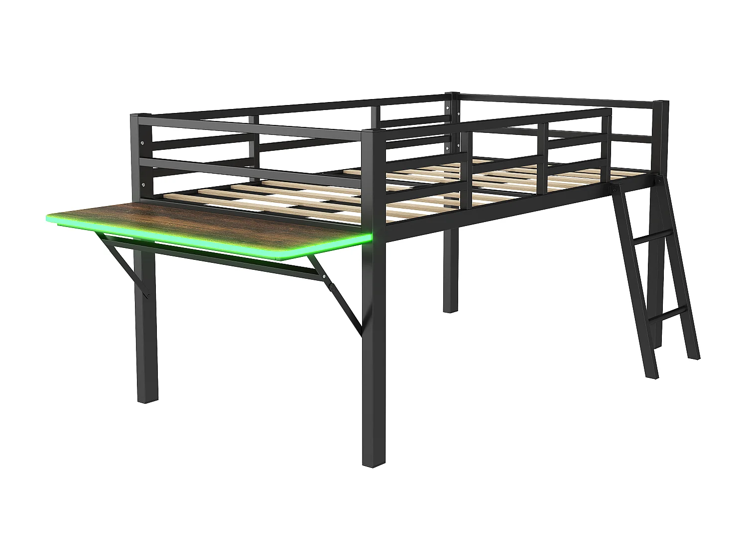 Lit combiné 90x200 cm avec Échelle, Bureau et Bande LED Télécommandée, Structure en Métal Noir(sans matelas)