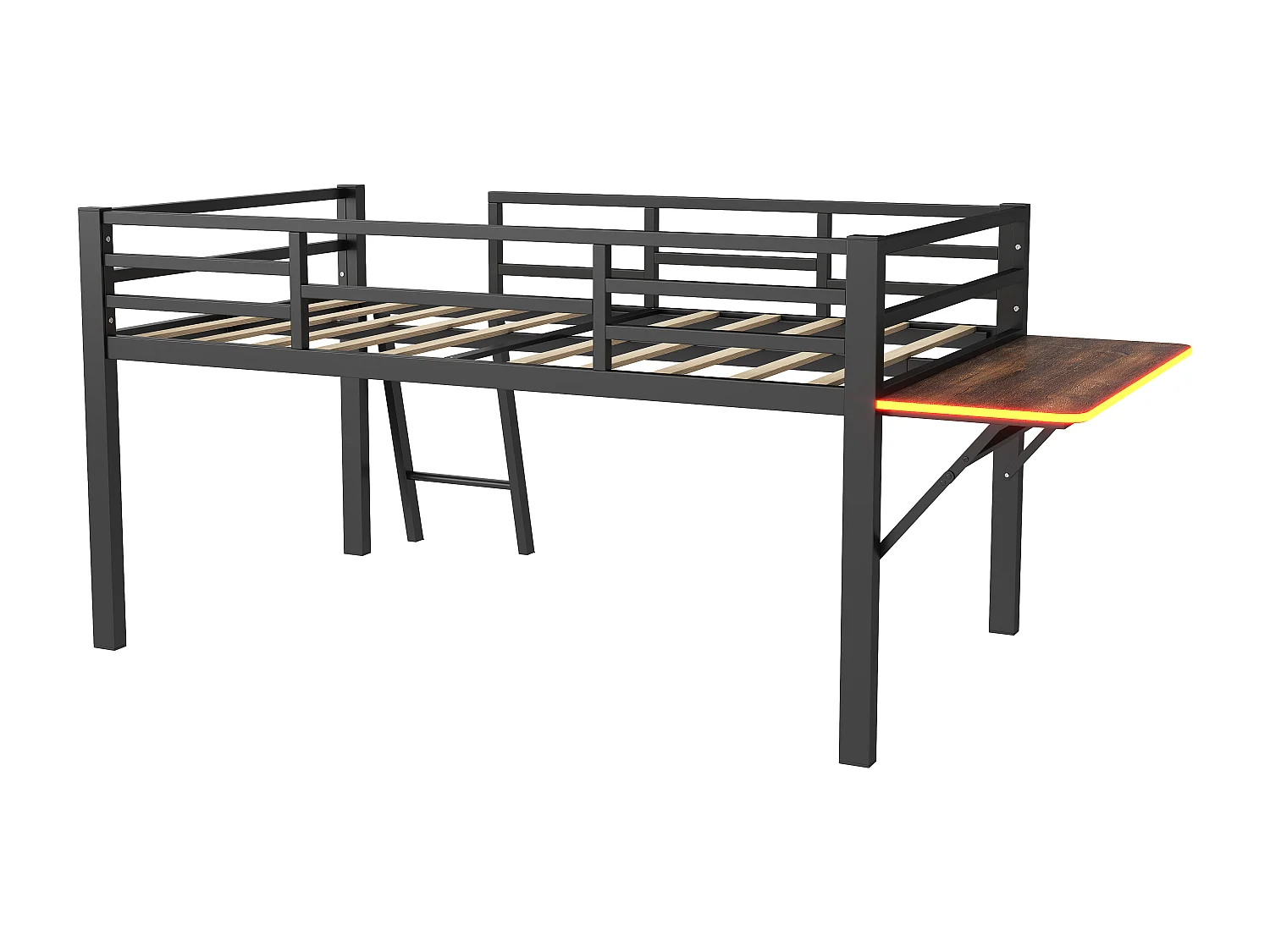Lit combiné 90x200 cm avec Échelle, Bureau et Bande LED Télécommandée, Structure en Métal Noir(sans matelas)