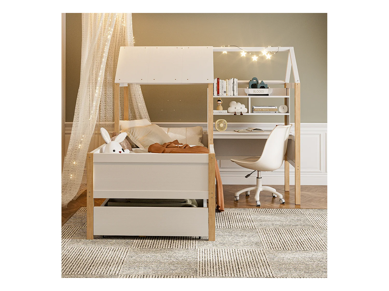 Lit Enfant 90x200 cm lit cabane avec Bureau, Étagère et Tiroirs de rangement, en Bois, Blanc, sans matelas
