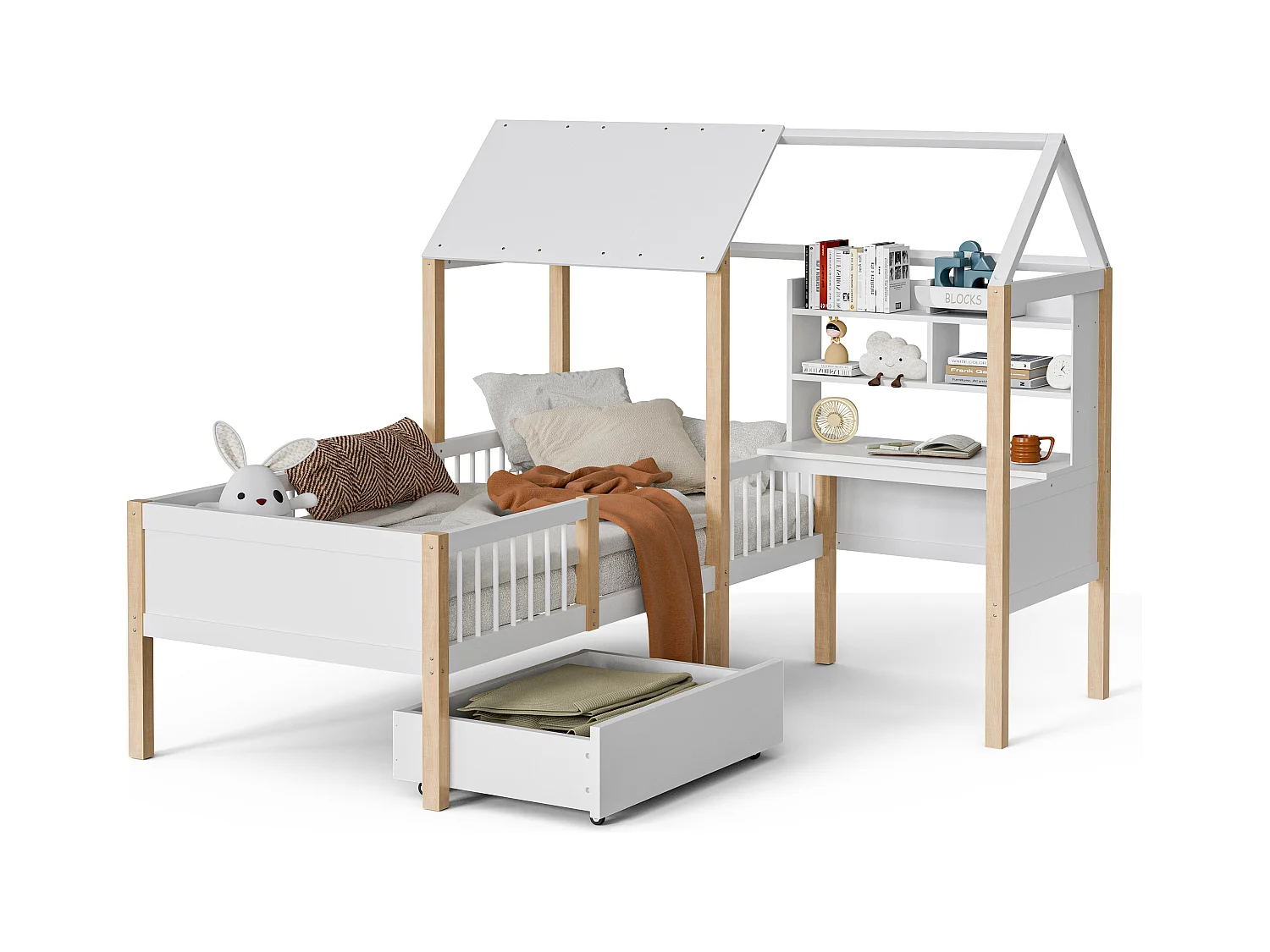Lit Enfant 90x200 cm lit cabane avec Bureau, Étagère et Tiroirs de rangement, en Bois, Blanc, sans matelas