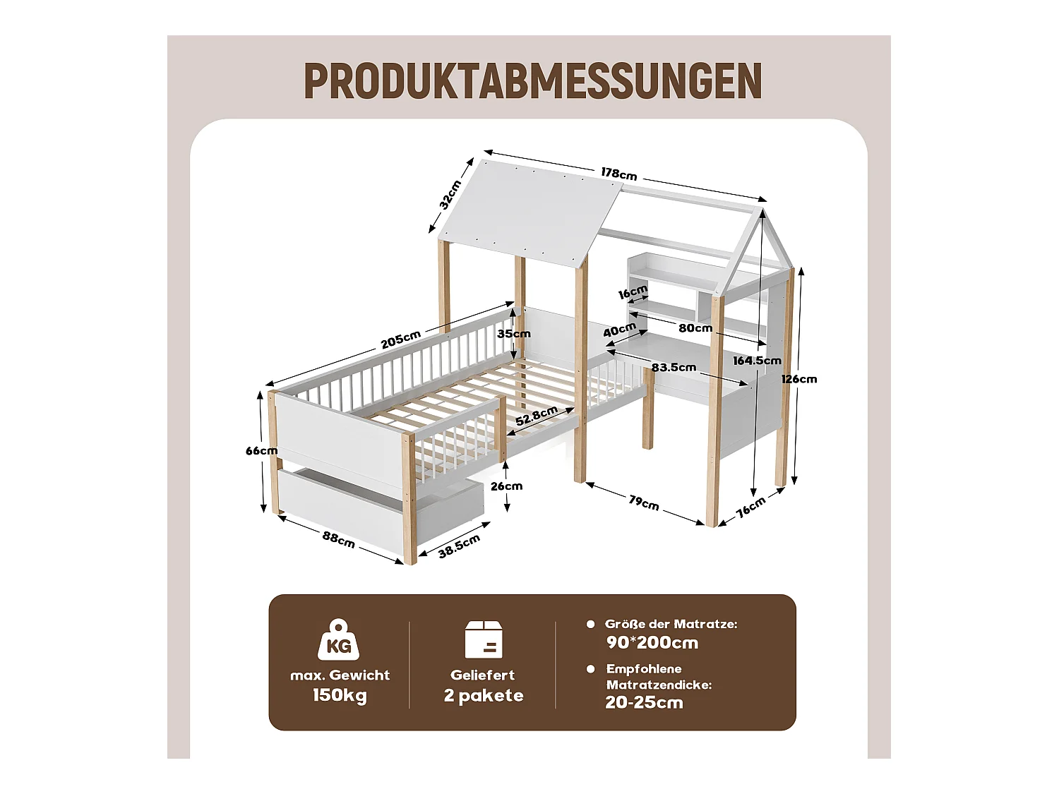 Lit Enfant 90x200 cm lit cabane avec Bureau, Étagère et Tiroirs de rangement, en Bois, Blanc, sans matelas
