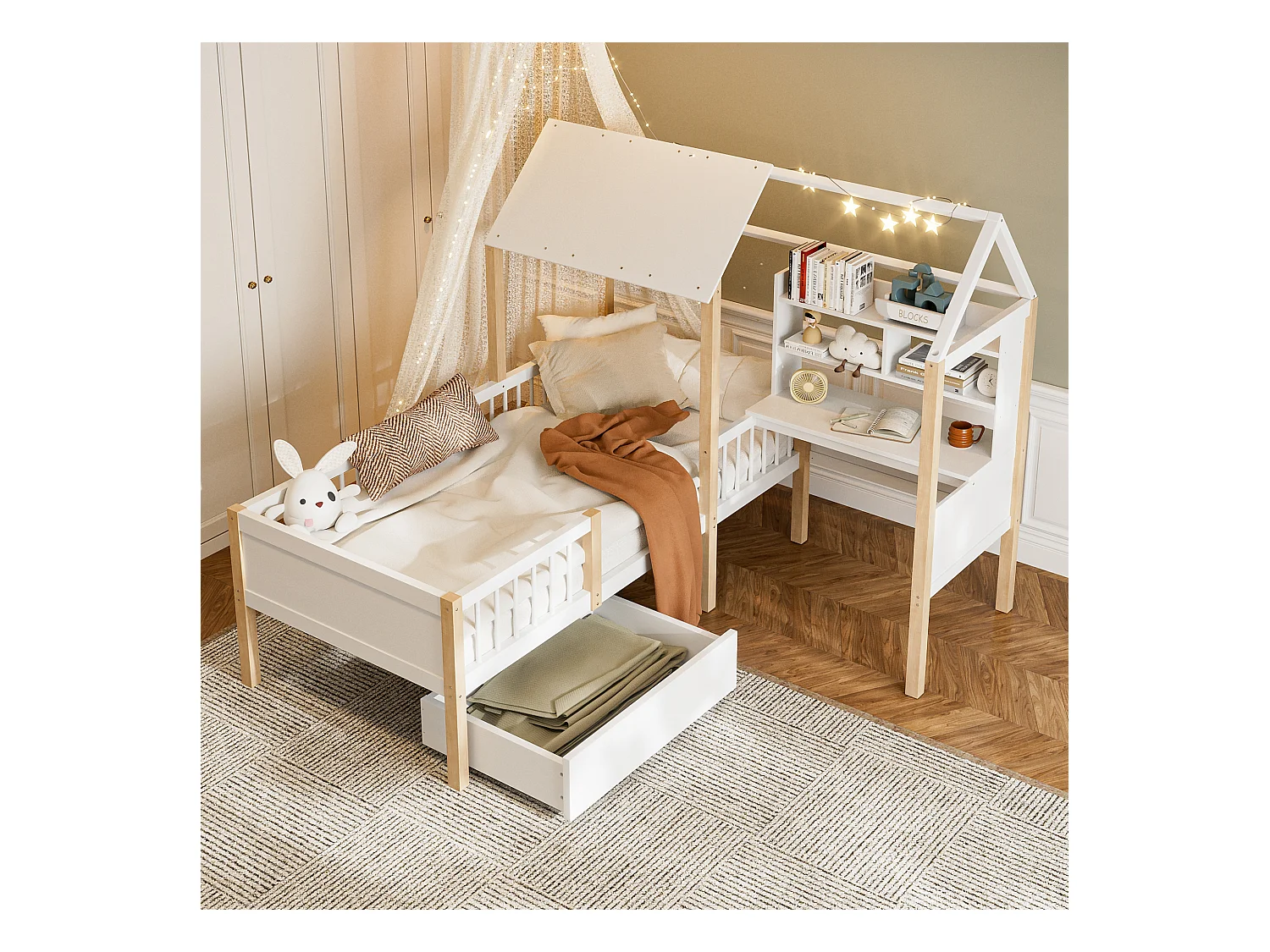 Lit Enfant 90x200 cm lit cabane avec Bureau, Étagère et Tiroirs de rangement, en Bois, Blanc, sans matelas