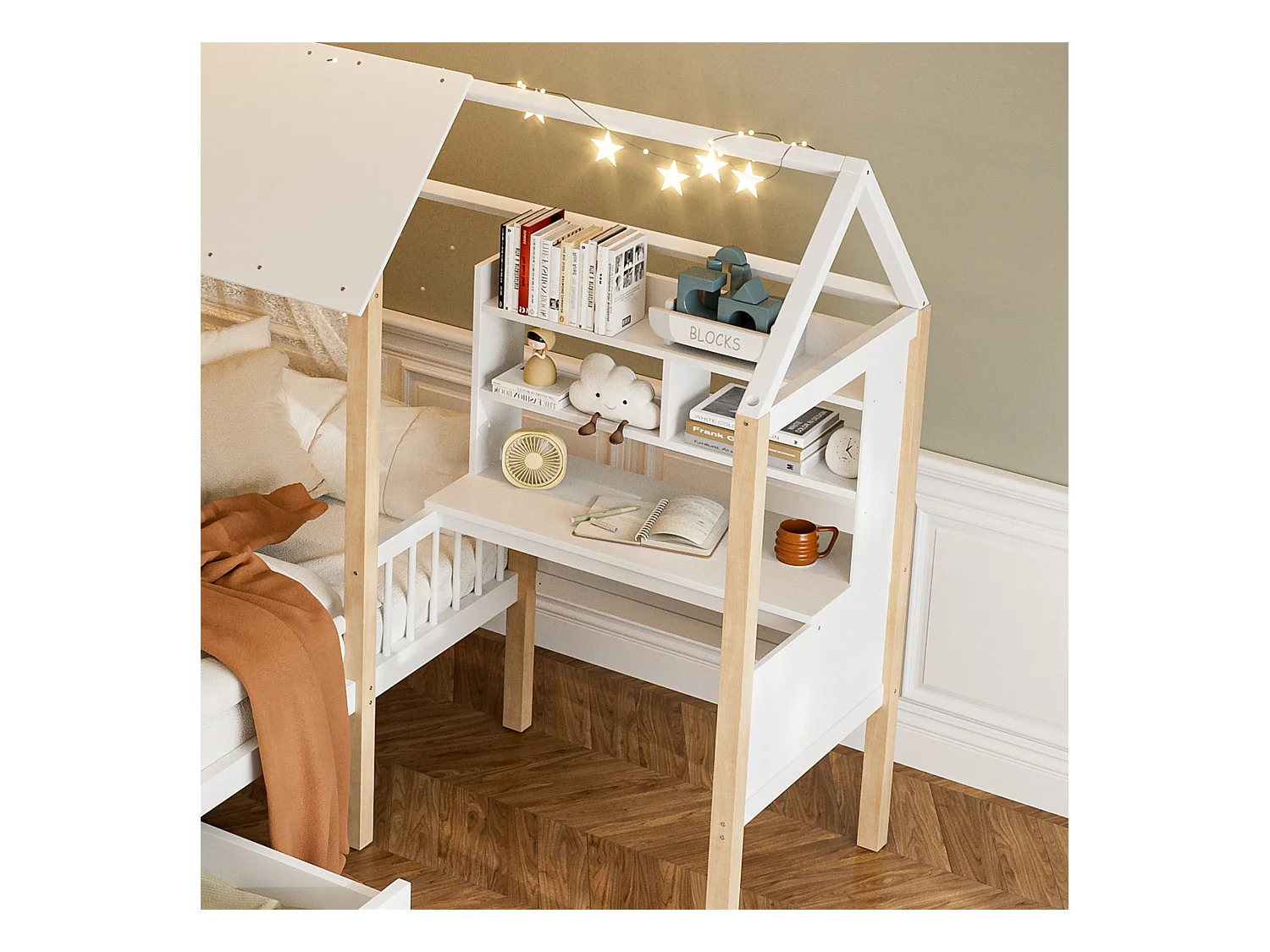 Lit Enfant 90x200 cm lit cabane avec Bureau, Étagère et Tiroirs de rangement, en Bois, Blanc, sans matelas